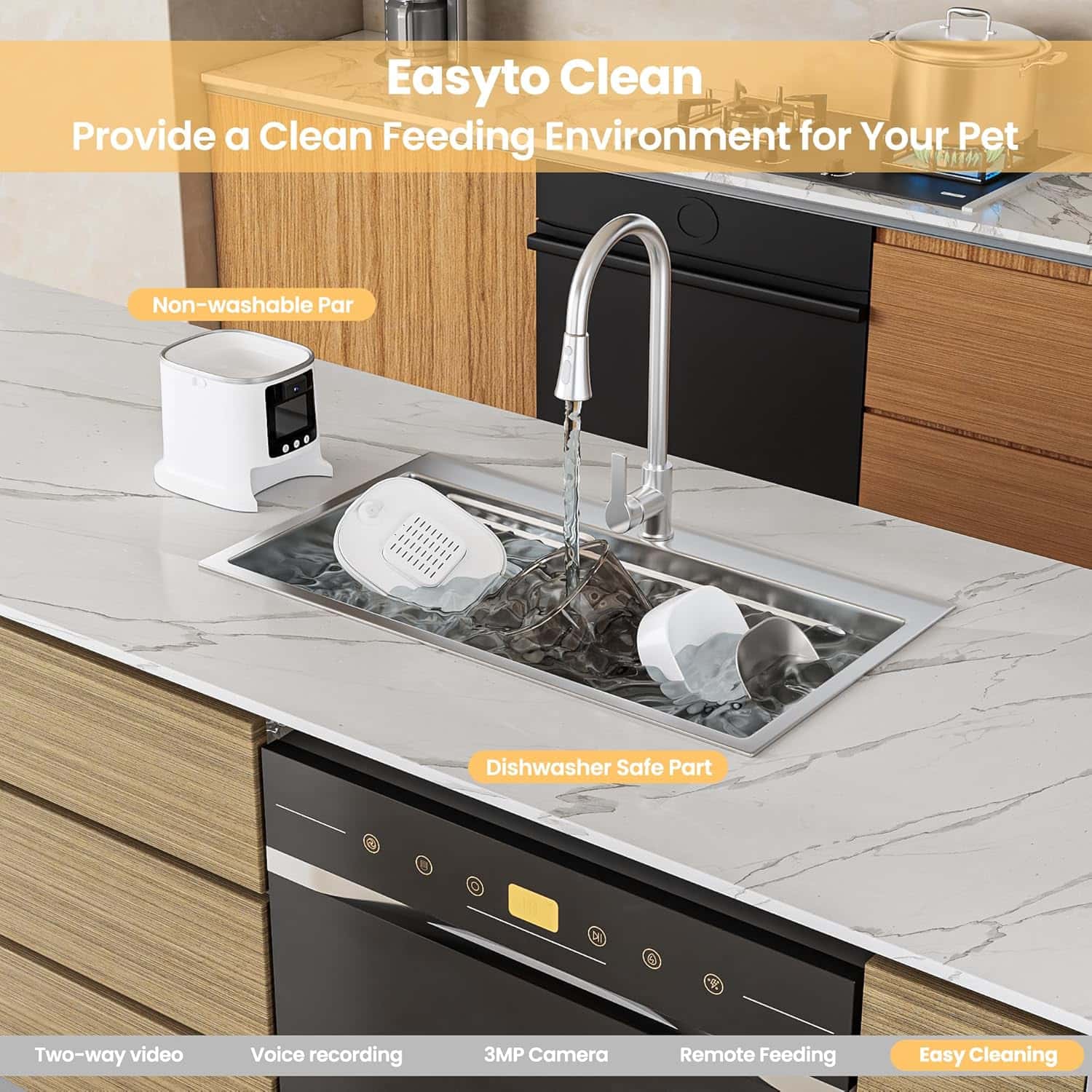 Comedero inteligente para mascotas con pantalla de video bidireccional camara 3 MP y plato de acero inoxidable capacidad 3 kg WiFi 5G color blanco.
