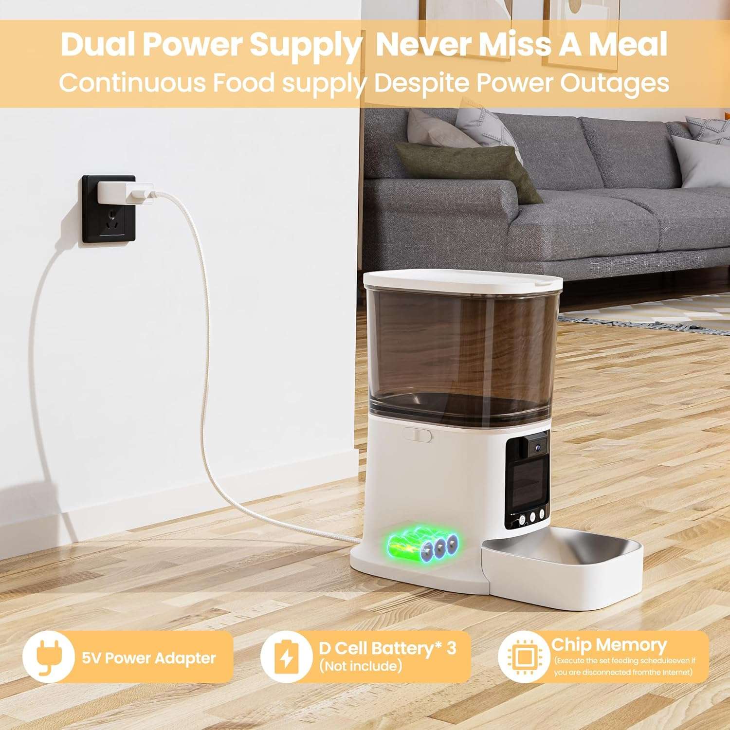 Comedero inteligente para mascotas con pantalla de video bidireccional camara 3 MP y plato de acero inoxidable capacidad 3 kg WiFi 5G color blanco.