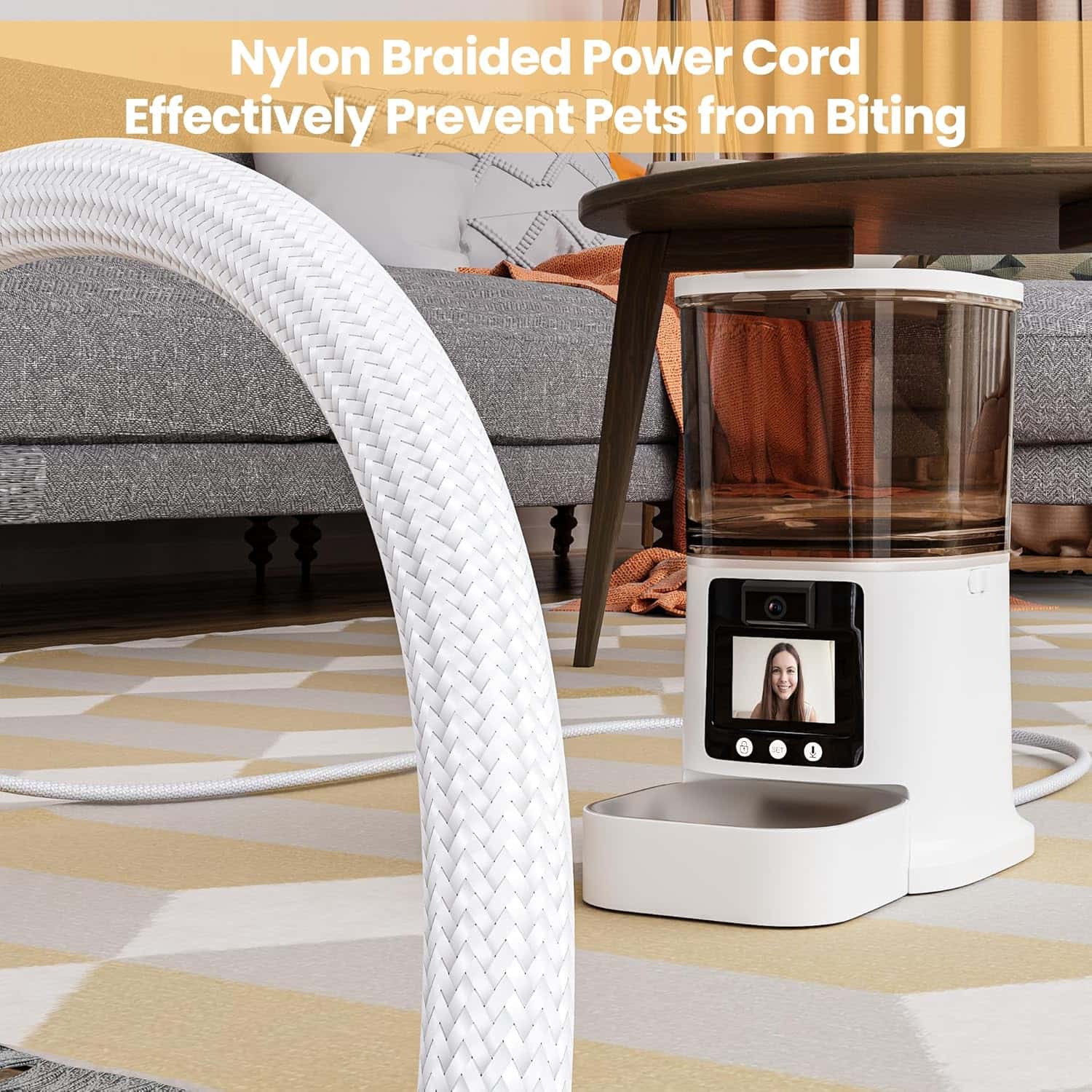 Comedero inteligente para mascotas con pantalla de video bidireccional camara 3 MP y plato de acero inoxidable capacidad 3 kg WiFi 5G color blanco.