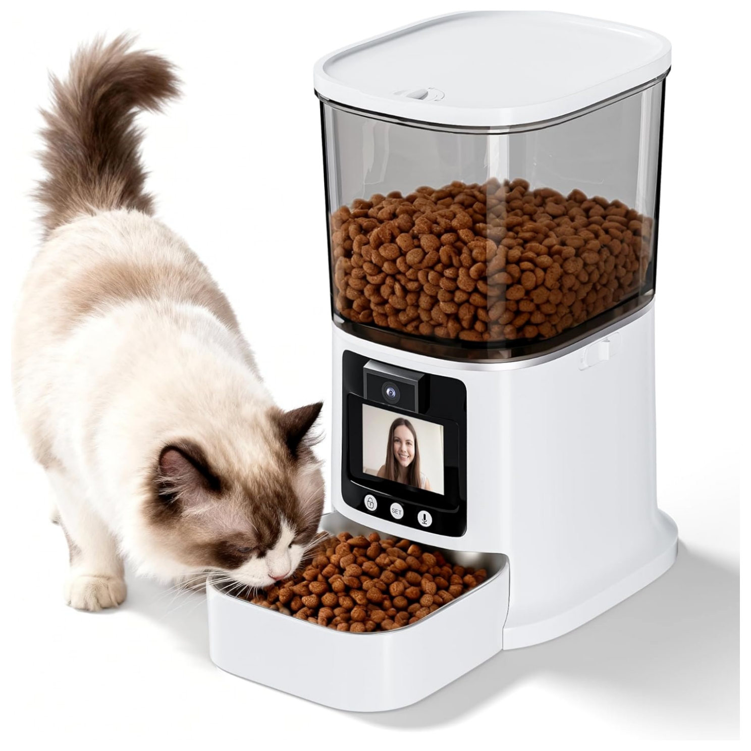 Comedero inteligente para mascotas con pantalla de video bidireccional camara 3 MP y plato de acero inoxidable capacidad 3 kg WiFi 5G color blanco.