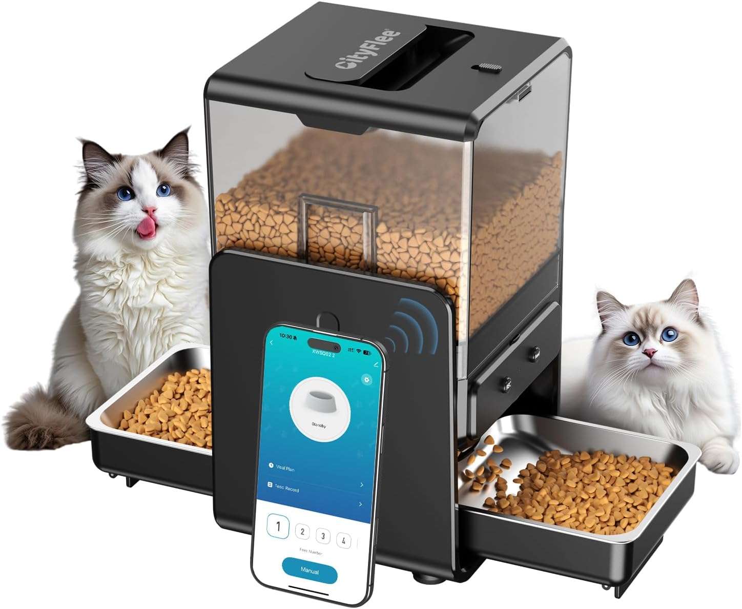Comedero inteligente blanco para dos gatos con altura ajustable platos de acero inoxidable y conexion WiFi 5G capacidad 2.3 kg.