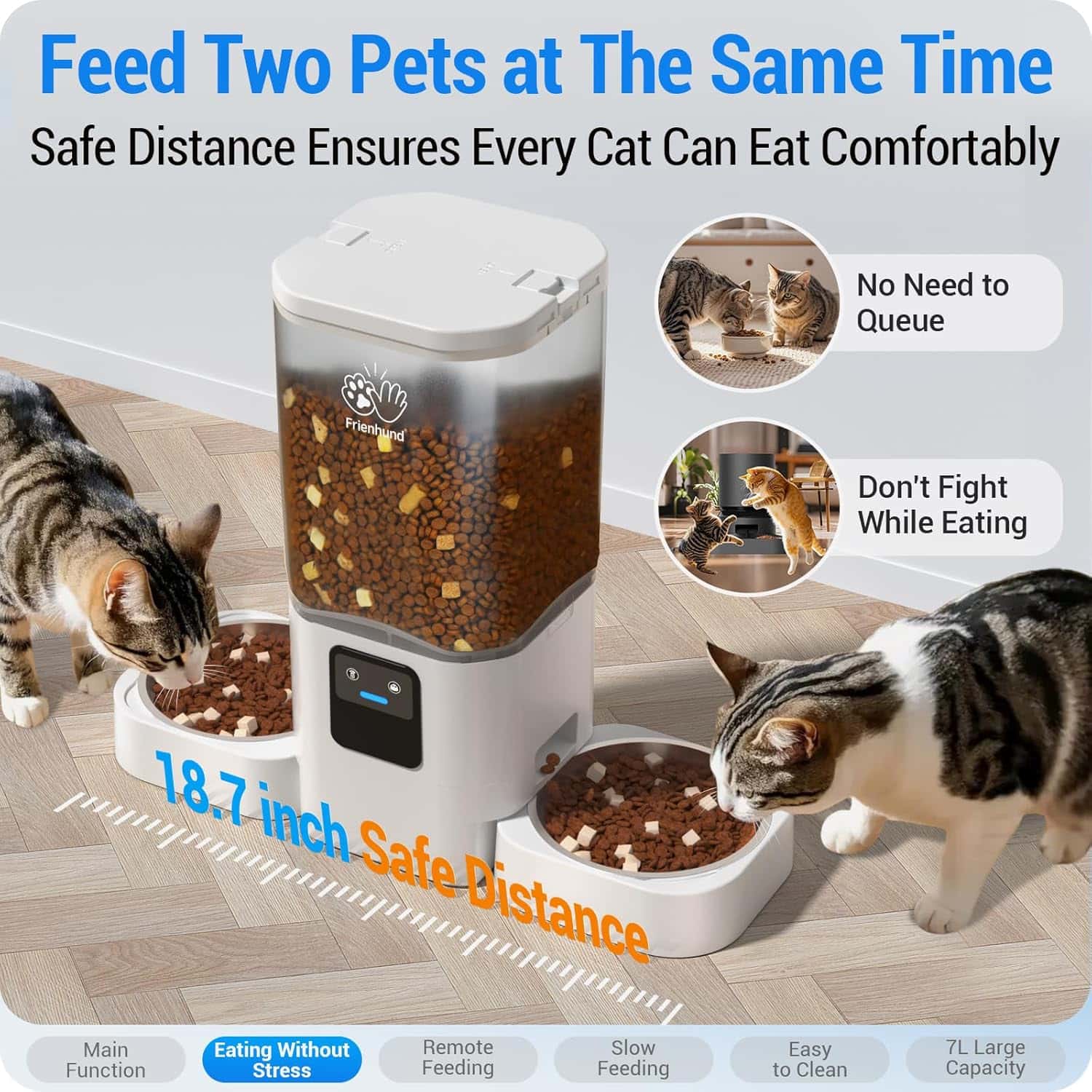 Comedero inteligente blanco para dos mascotas con tanques transparentes de 7 litros conexion WiFi 5G y dos platos de acero inoxidable separados.
