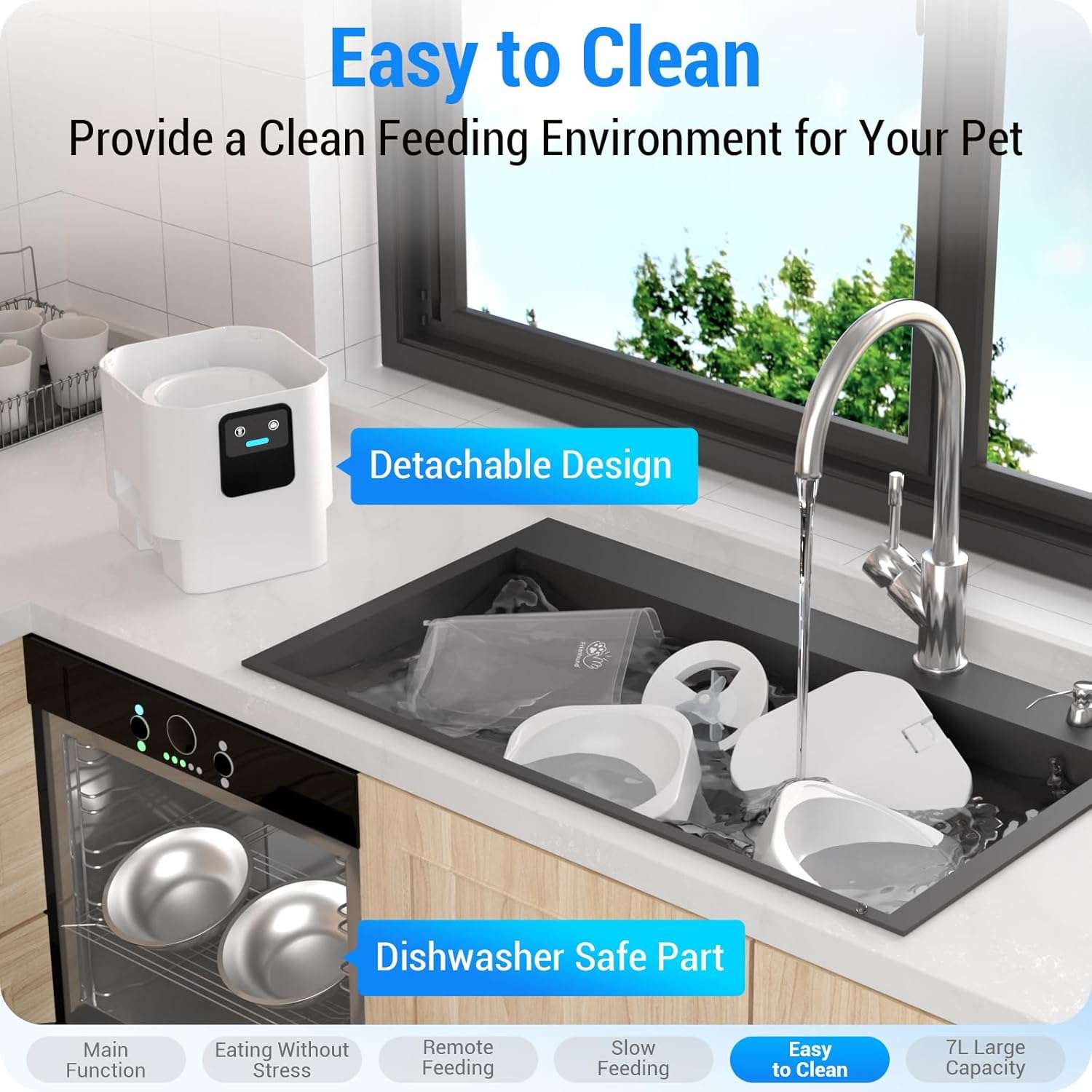 Comedero inteligente blanco para dos mascotas con tanques transparentes de 7 litros conexion WiFi 5G y dos platos de acero inoxidable separados.