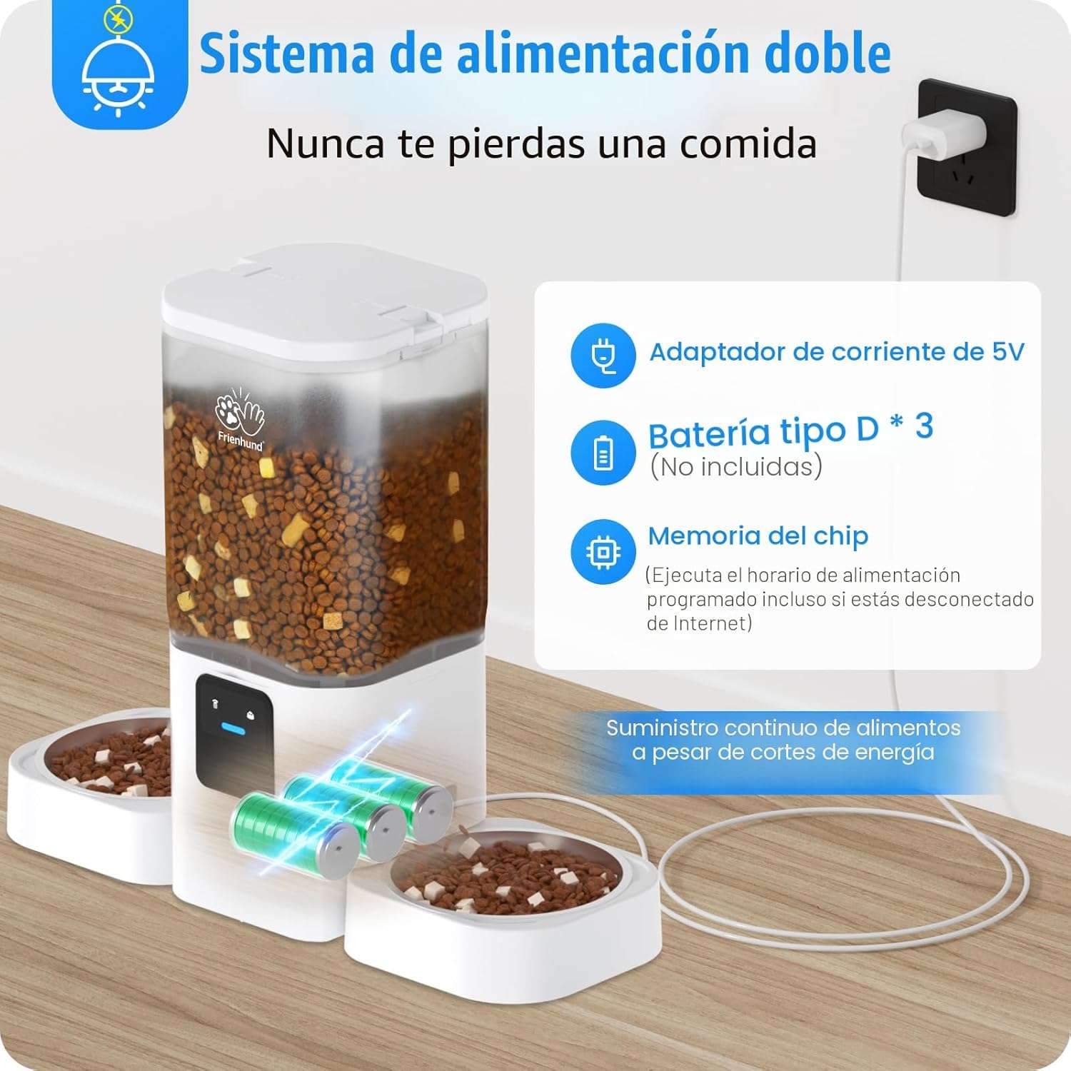 Comedero inteligente blanco para dos mascotas con tanques transparentes de 7 litros conexion WiFi 5G y dos platos de acero inoxidable separados.