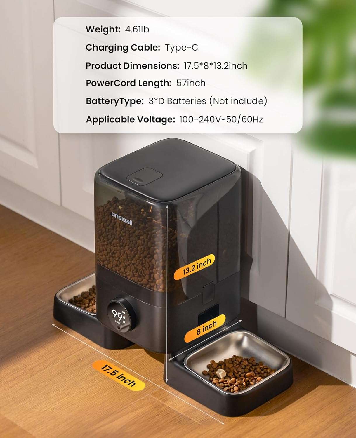 Comedero inteligente blanco inalambrico de 2.3 kg con doble plato de acero inoxidable y conexion WiFi para dos gatos y perros.