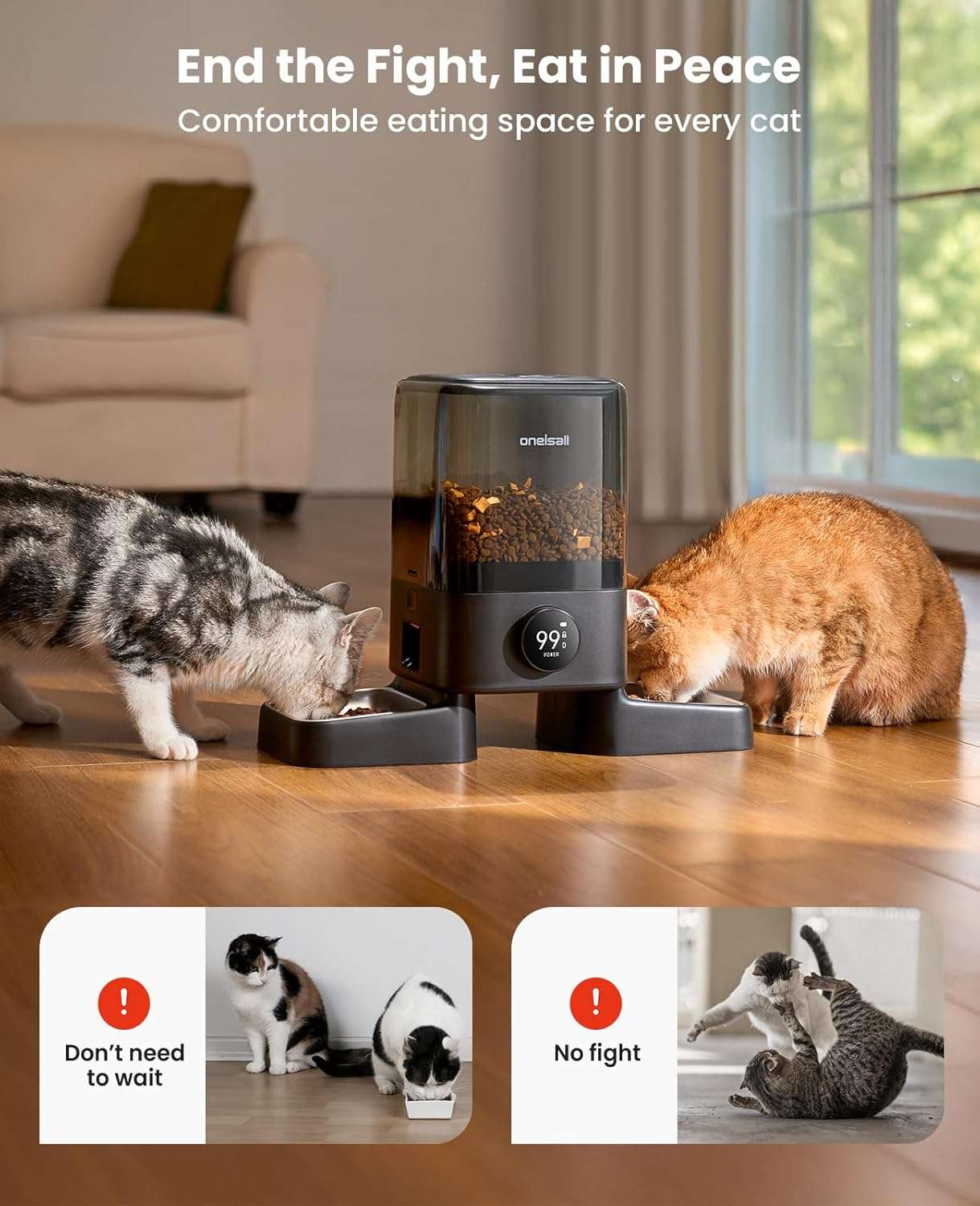 Comedero inteligente blanco inalambrico de 2.3 kg con doble plato de acero inoxidable y conexion WiFi para dos gatos y perros.