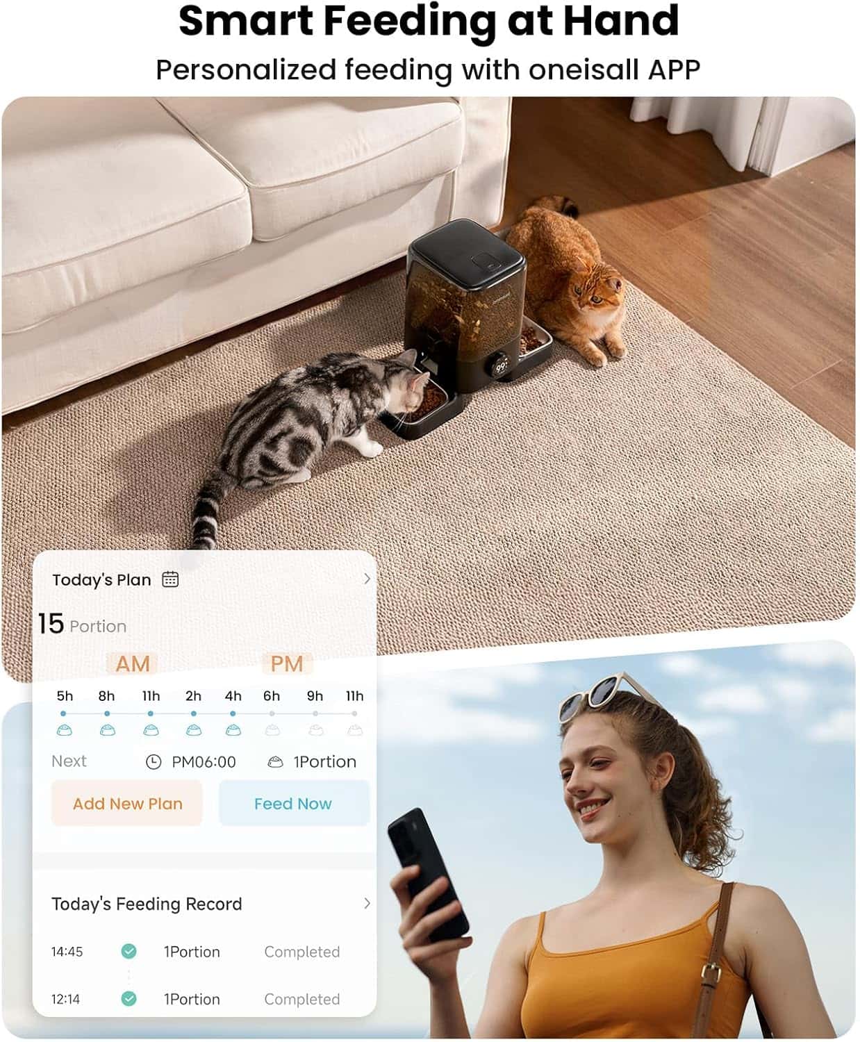 Comedero inteligente blanco inalambrico de 2.3 kg con doble plato de acero inoxidable y conexion WiFi para dos gatos y perros.