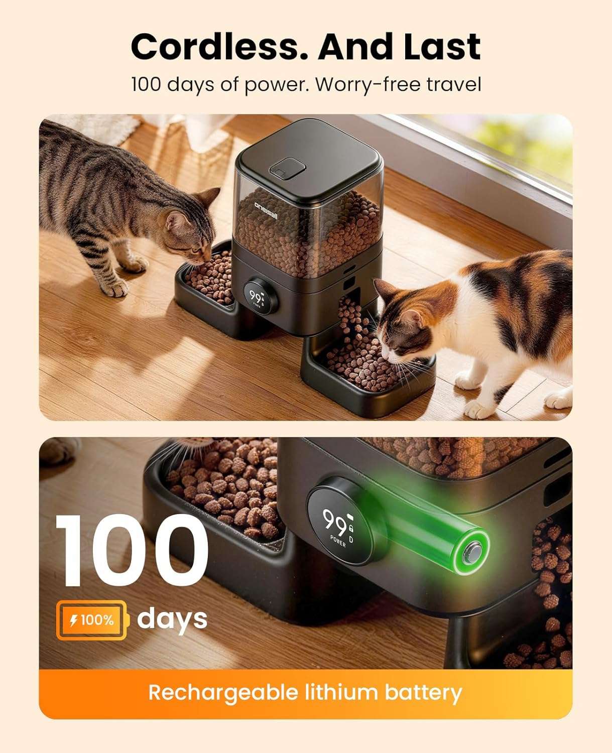 Comedero inteligente blanco inalambrico de 2.3 kg con doble plato de acero inoxidable y conexion WiFi para dos gatos y perros.