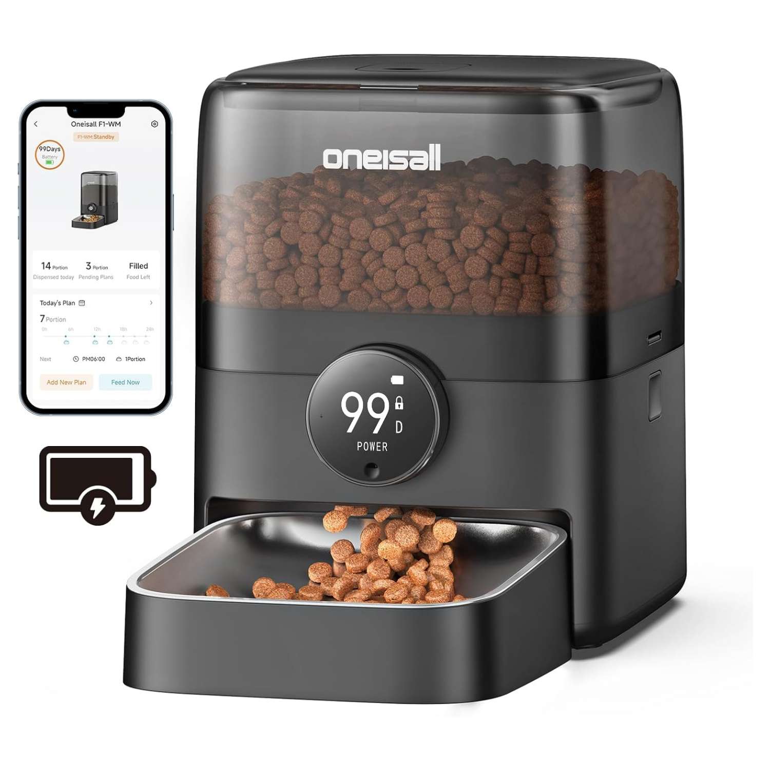 Comedero inteligente blanco inalambrico para gatos de 1.3 kg con conexion WiFi y bateria recargable de 100 dias de duracion.