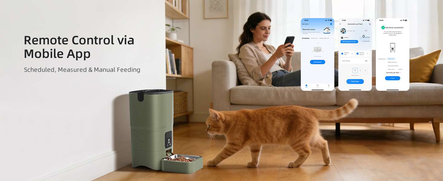 Comedero inteligente blanco programable de 2.7 kg con plato de acero inoxidable y conexion WiFi para mascotas.