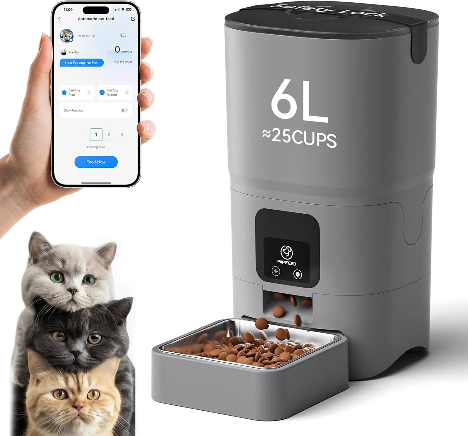 Comedero inteligente blanco programable de 2.7 kg con plato de acero inoxidable y conexion WiFi para mascotas.