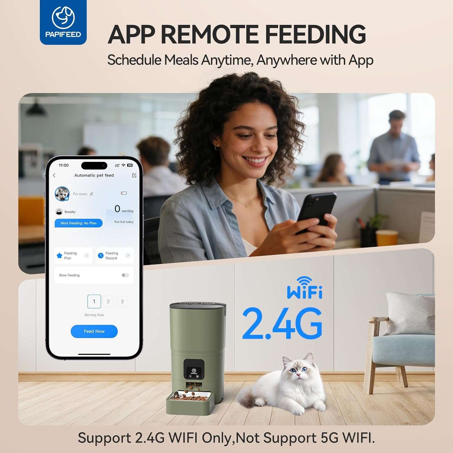 Comedero inteligente blanco programable de 2.7 kg con plato de acero inoxidable y conexion WiFi para mascotas.