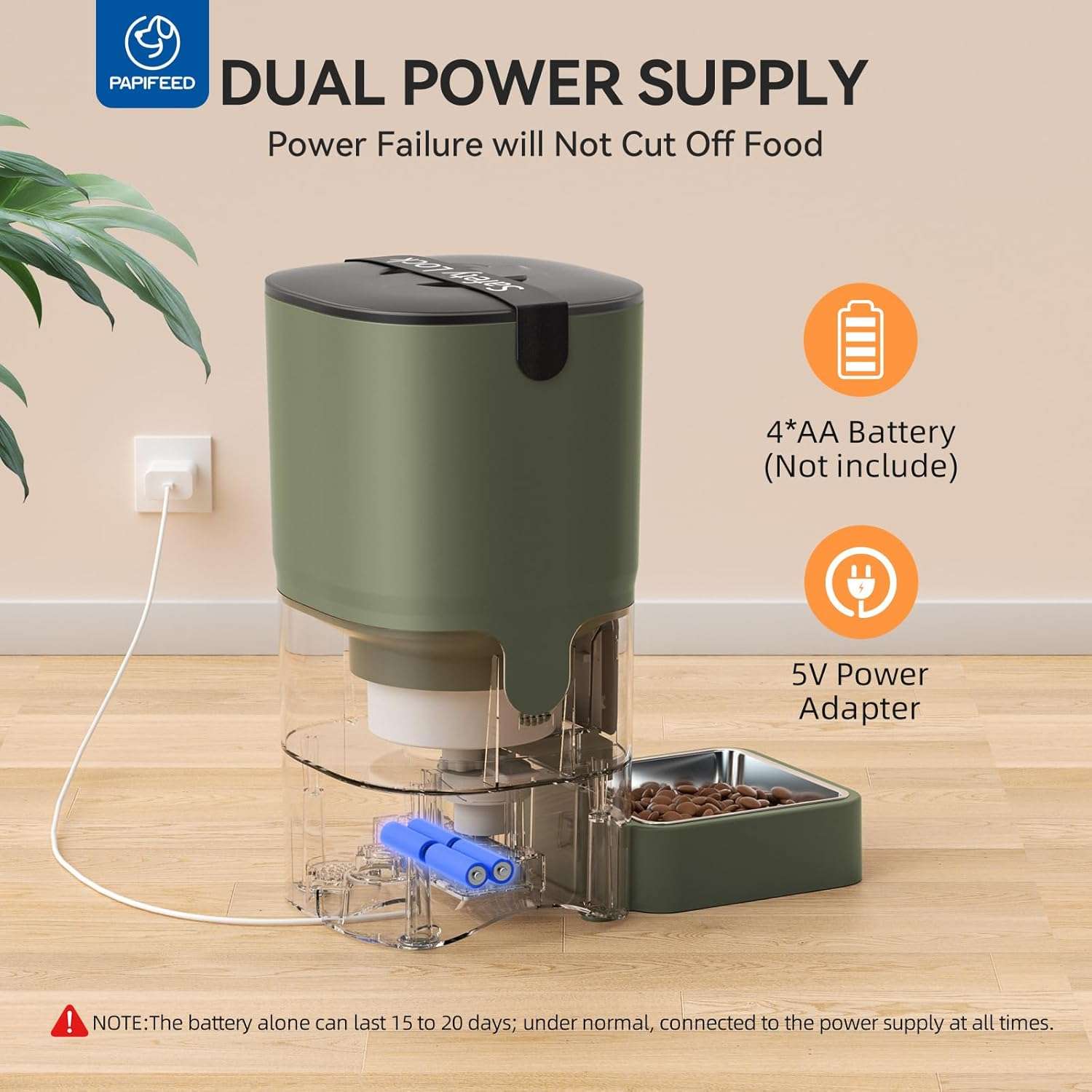 Comedero inteligente blanco programable de 2.7 kg con plato de acero inoxidable y conexion WiFi para mascotas.