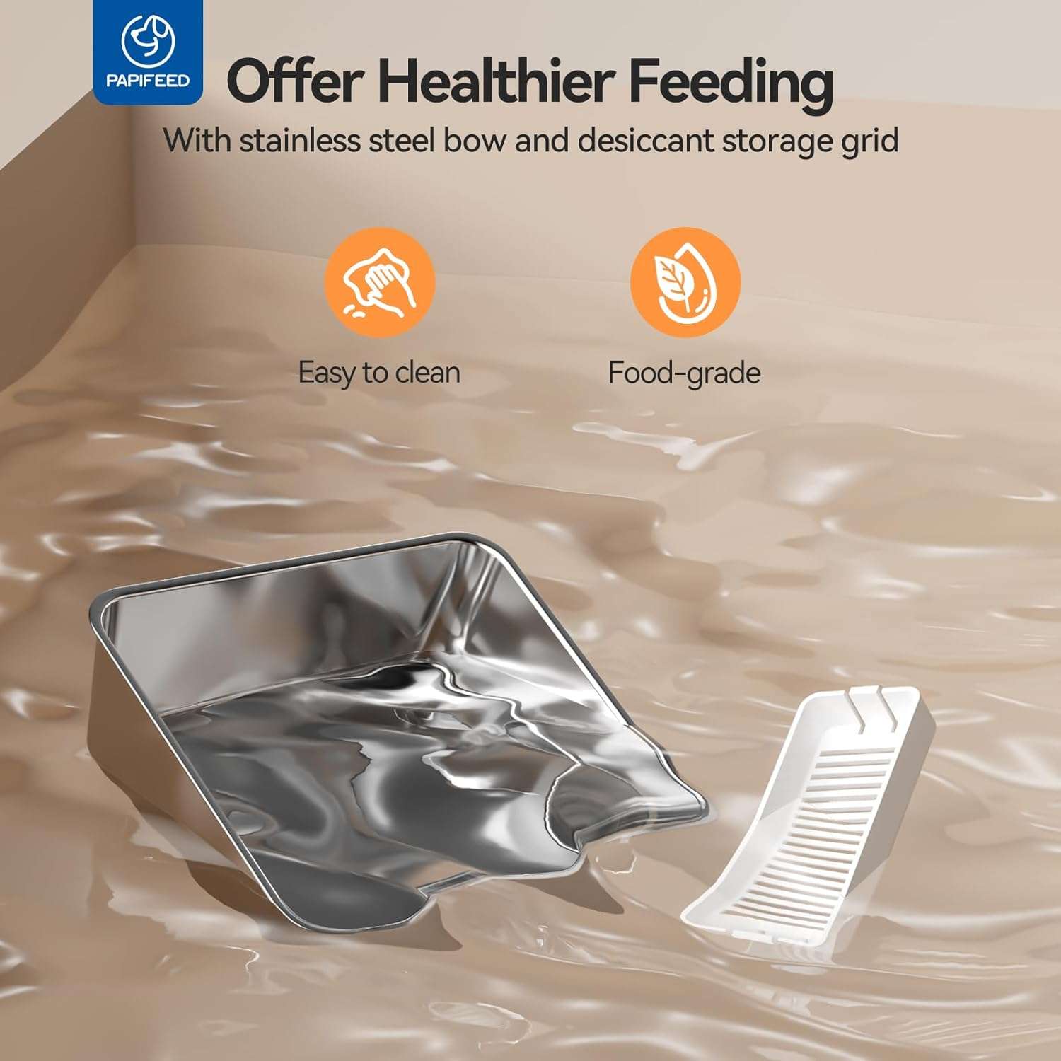 Comedero inteligente blanco programable de 2.7 kg con plato de acero inoxidable y conexion WiFi para mascotas.