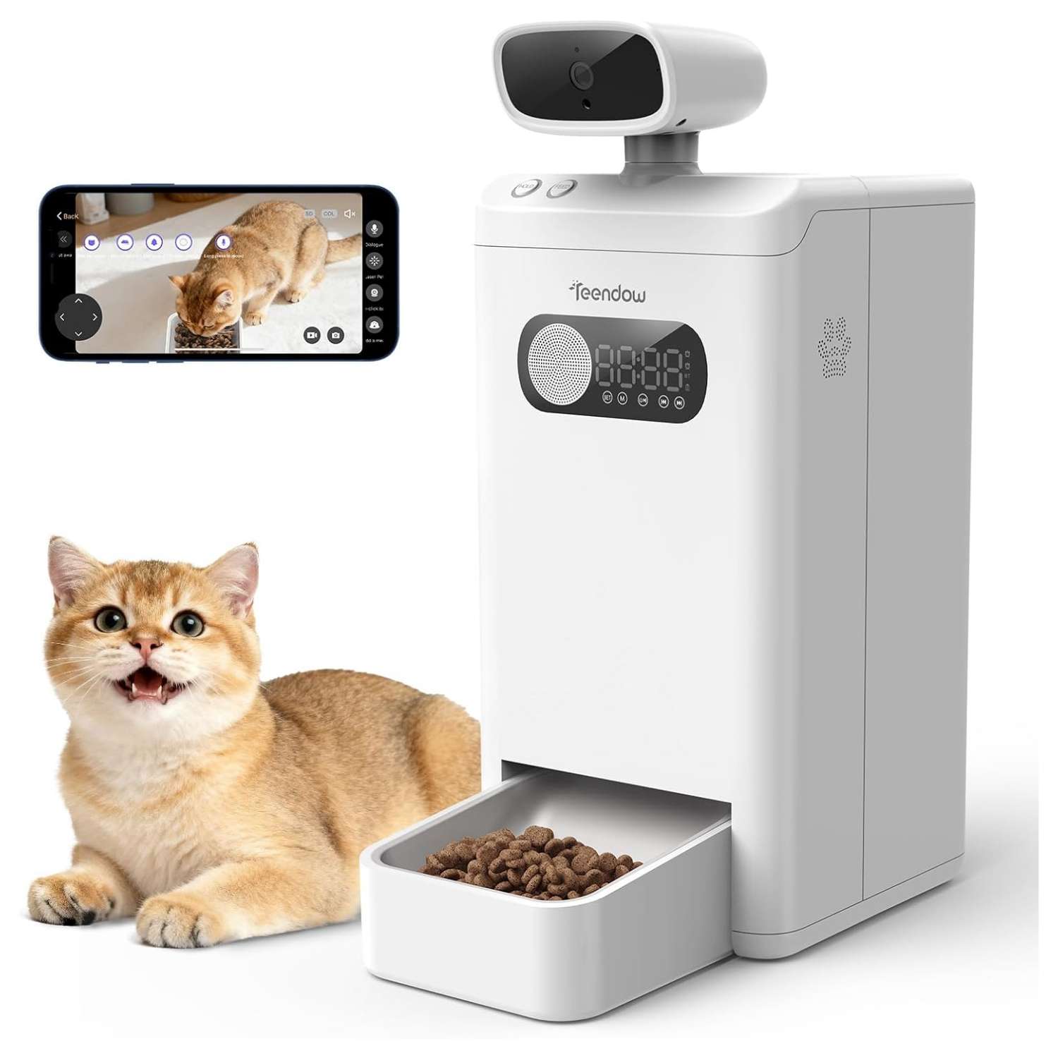Comedero inteligente blanco de 1.6 kg con camara 4MP Ultra HD juguete laser y audio bidireccional para gatos y perros controlado por app.