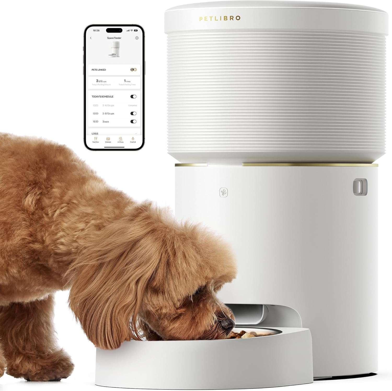 Comedero inteligente blanco con sistema de sellado al vacio y plato de acero inoxidable capacidad 3.5 kg con conexion WiFi anti hormigas.