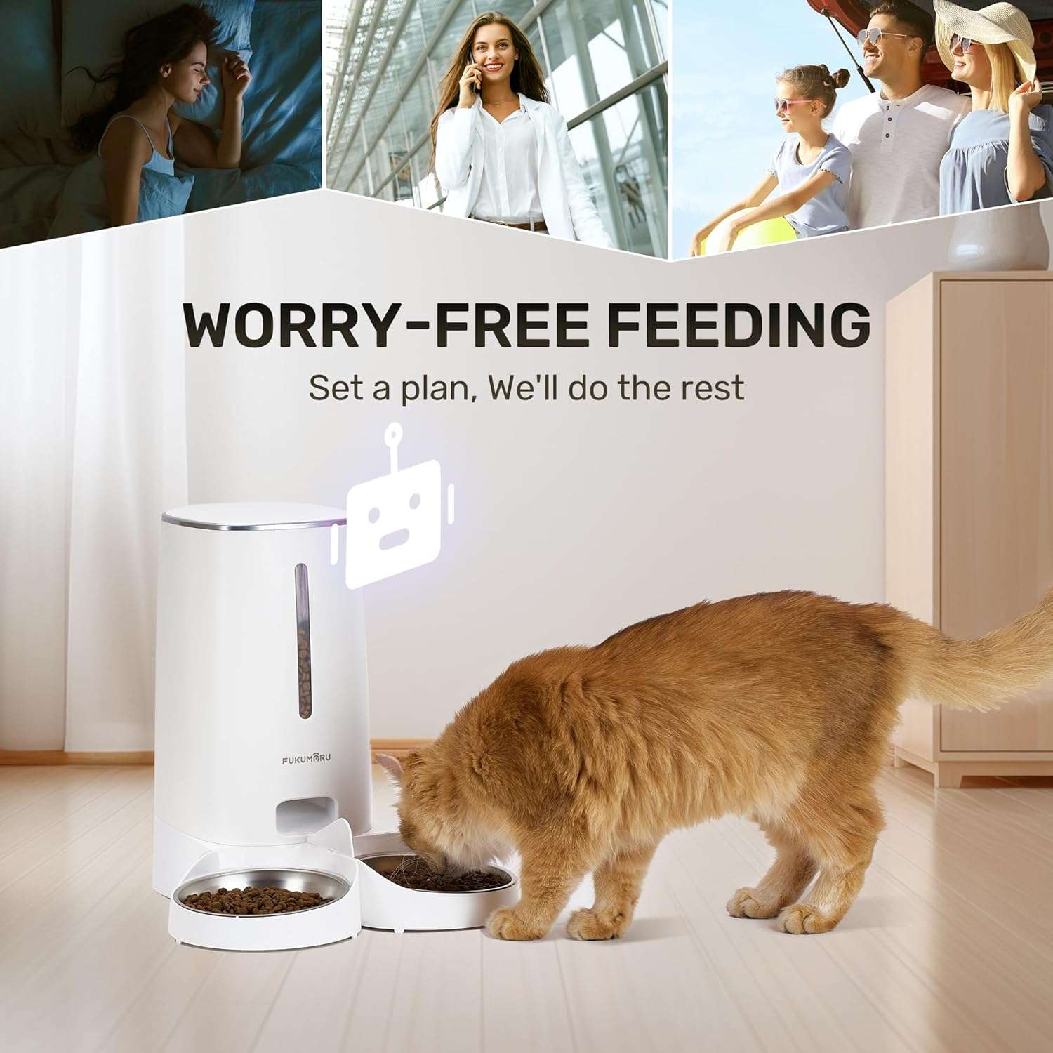 Comedero inteligente blanco para dos gatos con platos de acero inoxidable 304 capacidad 2 kg y conexion WiFi compatible con Smartlife.