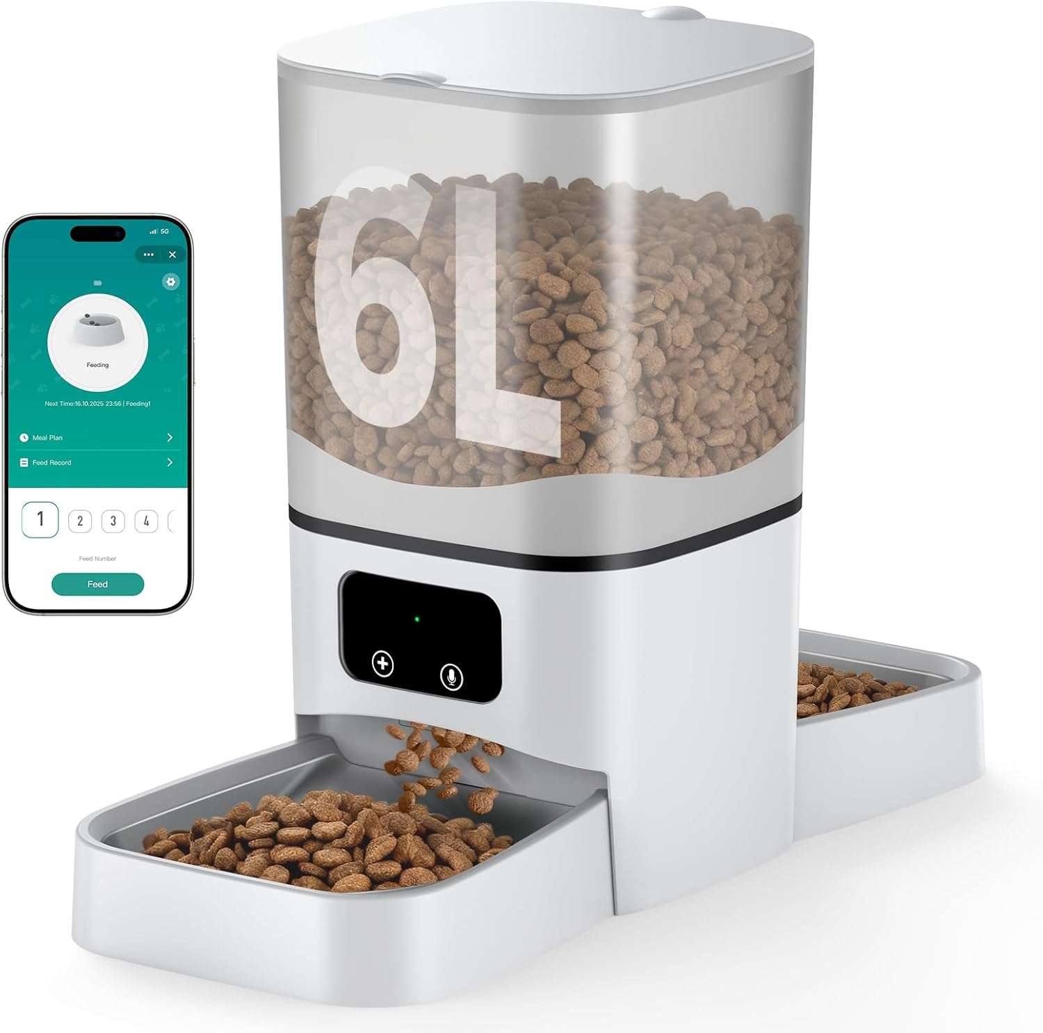 Comedero inteligente blanco para dos gatos con doble plato opuesto de acero inoxidable capacidad 2.7 kg y tanque transparente con conexion WiFi.