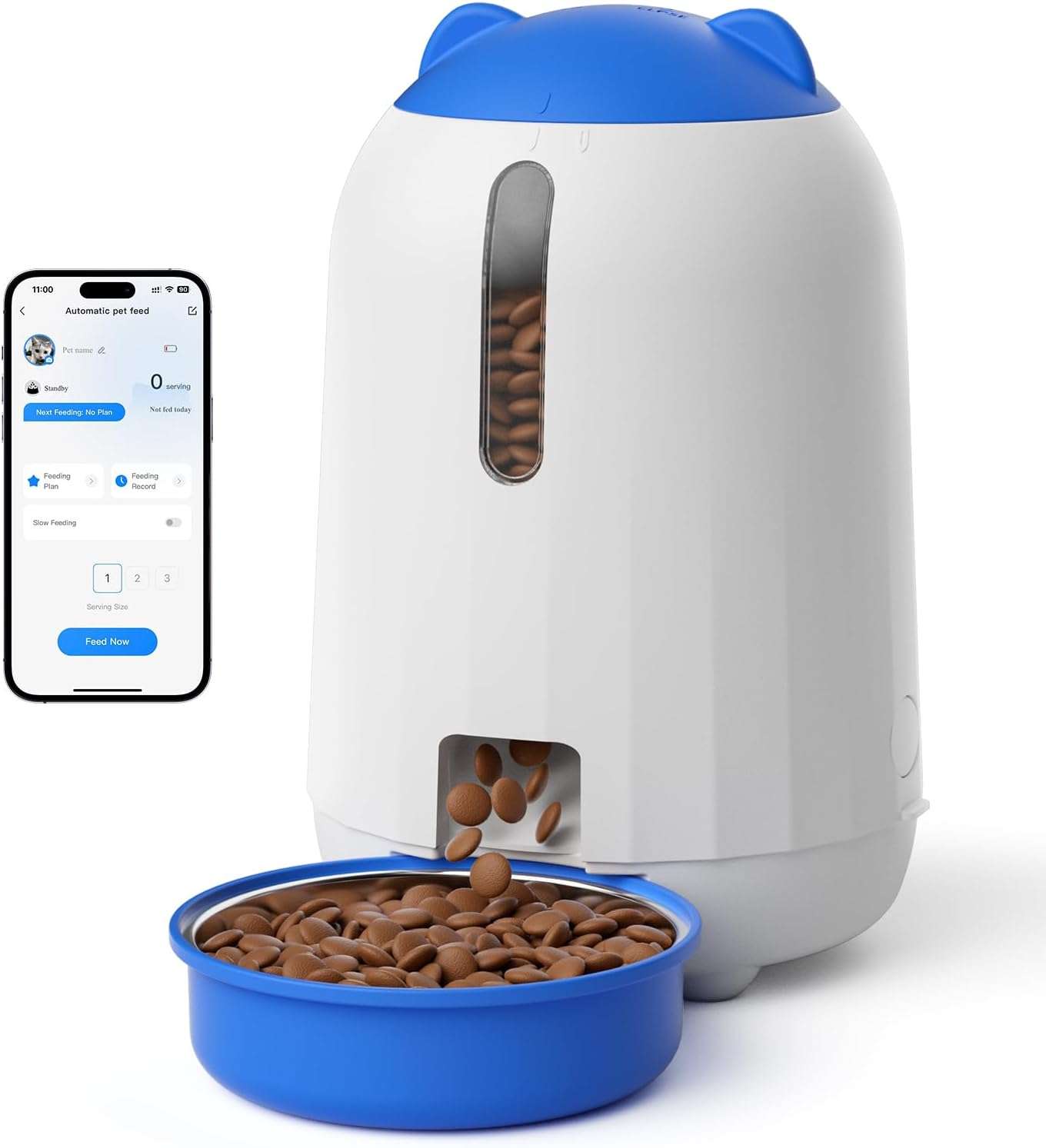 Comedero inteligente blanco para gatos y perros pequeños con conexion WiFi capacidad 1.3 kg sistema anti humedad y respaldo por bateria.