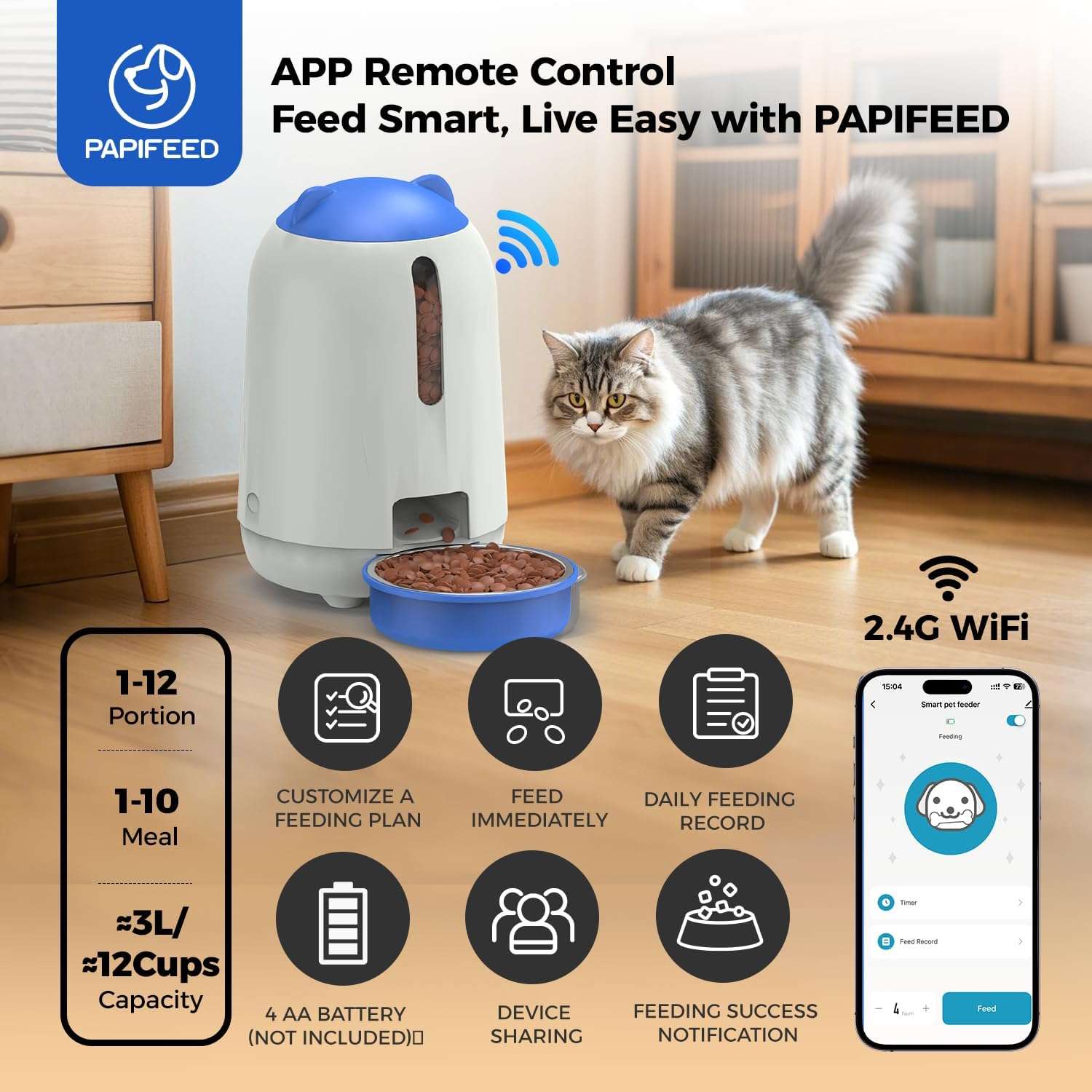 Comedero inteligente blanco para gatos y perros pequeños con conexion WiFi capacidad 1.3 kg sistema anti humedad y respaldo por bateria.