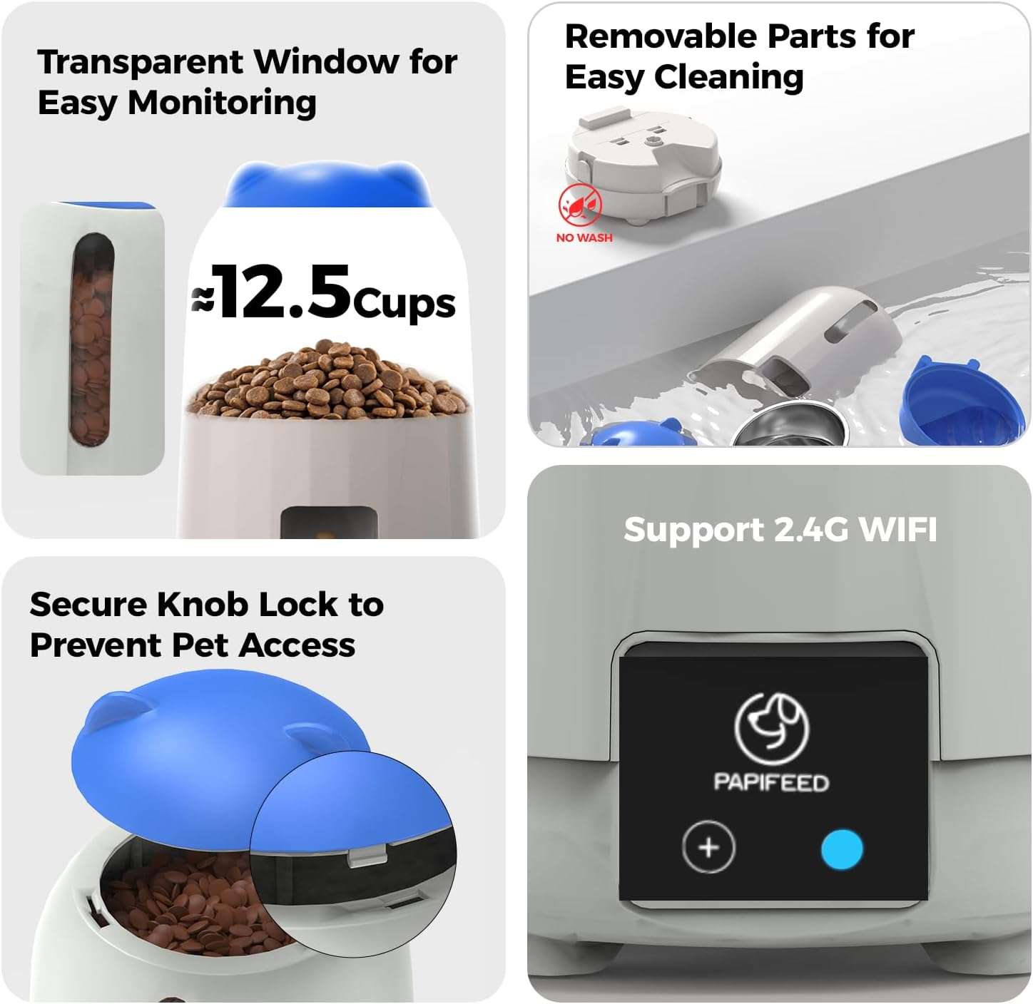 Comedero inteligente blanco para gatos y perros pequeños con conexion WiFi capacidad 1.3 kg sistema anti humedad y respaldo por bateria.