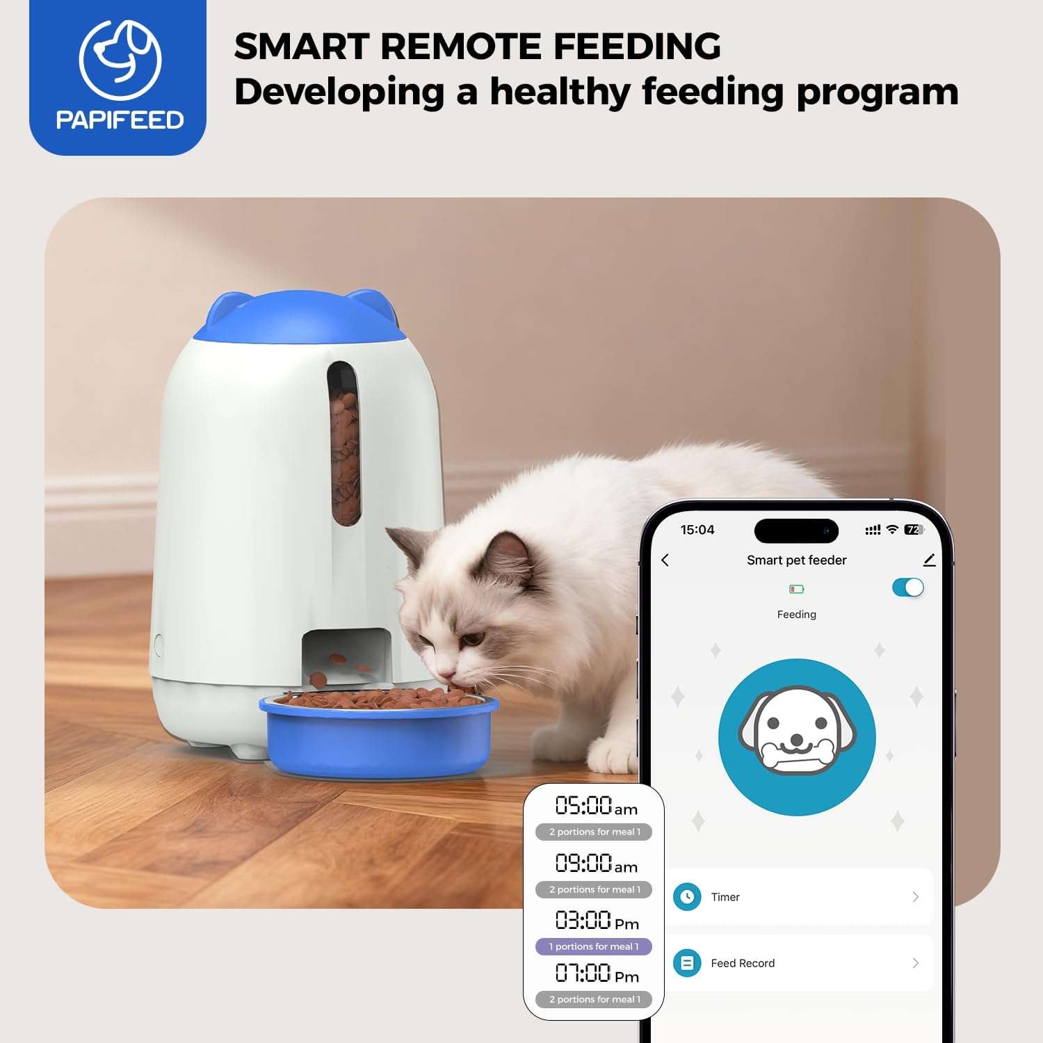Comedero inteligente blanco para gatos y perros pequeños con conexion WiFi capacidad 1.3 kg sistema anti humedad y respaldo por bateria.