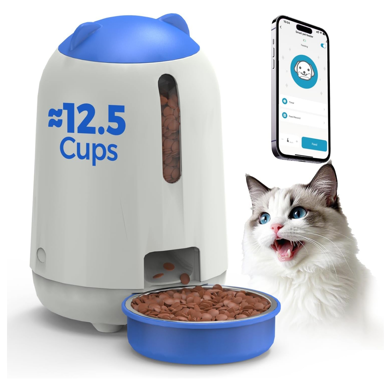 Comedero inteligente blanco para gatos y perros pequeños con conexion WiFi capacidad 1.3 kg sistema anti humedad y respaldo por bateria.