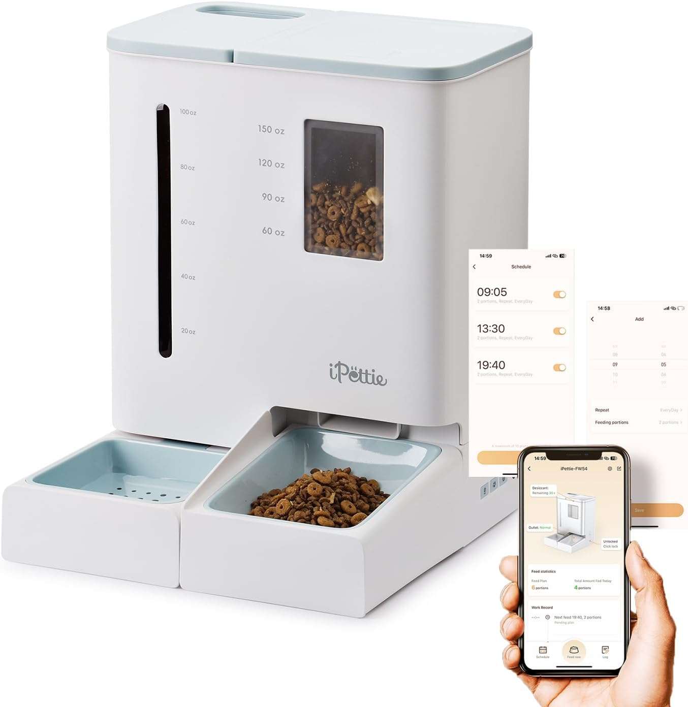 Combo de 2.2 kg de comida y 3.6 L de agua. Control por app, sistema anti-atascos y proteccion contra humedad. Ideal para asegurar la nutricion de su mascota de forma remota.