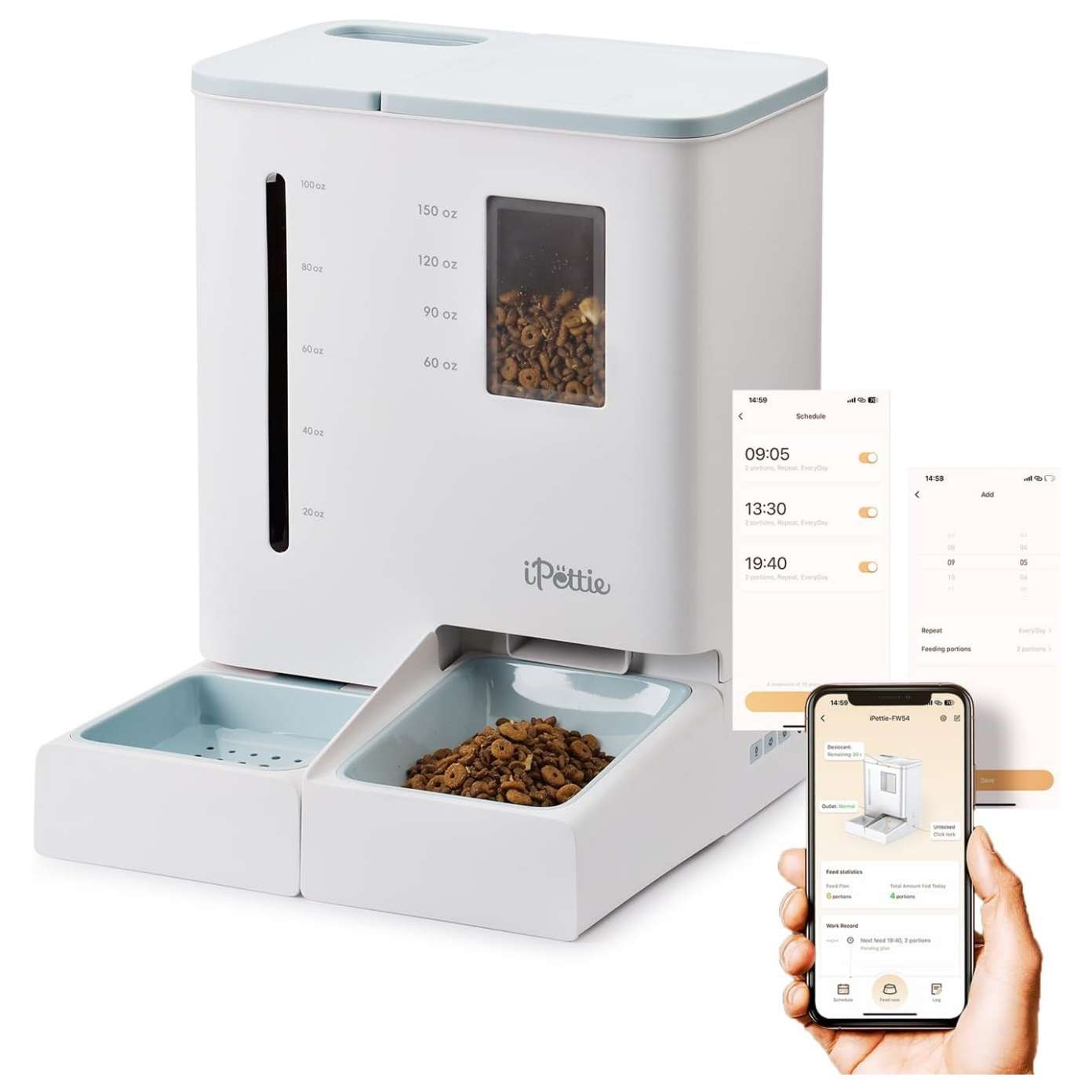 Combo de 2.2 kg de comida y 3.6 L de agua. Control por app, sistema anti-atascos y proteccion contra humedad. Ideal para asegurar la nutricion de su mascota de forma remota.