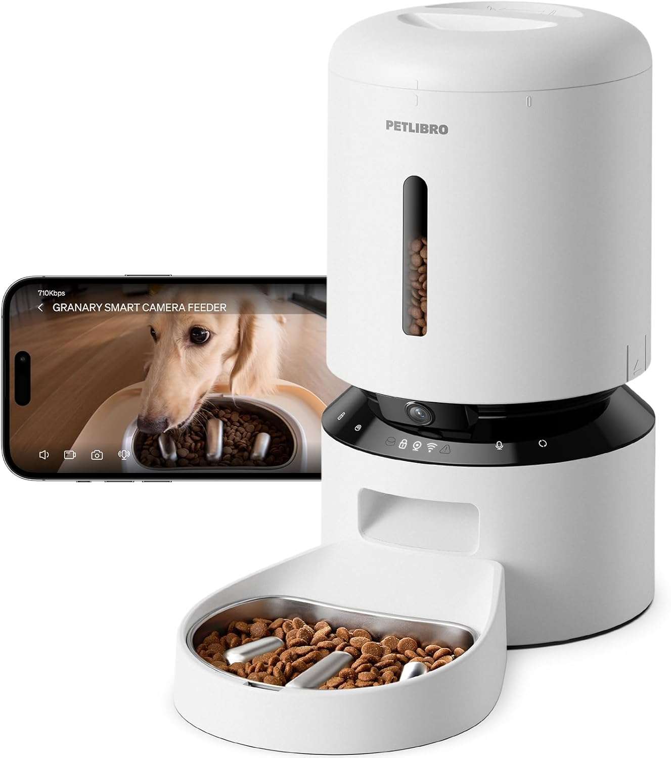 Comedero inteligente para gatos con camara HD 1080P plato de alimentacion lenta de acero inoxidable y capacidad de 2 kg color blanco.