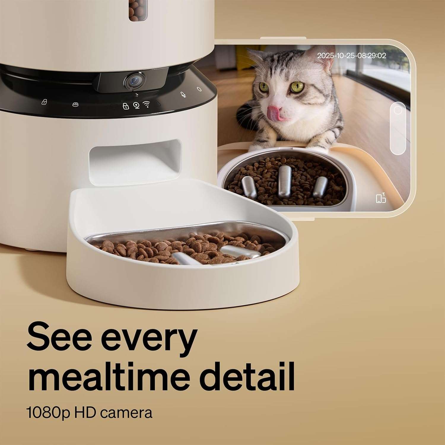 Comedero inteligente para gatos con camara HD 1080P plato de alimentacion lenta de acero inoxidable y capacidad de 2 kg color blanco.