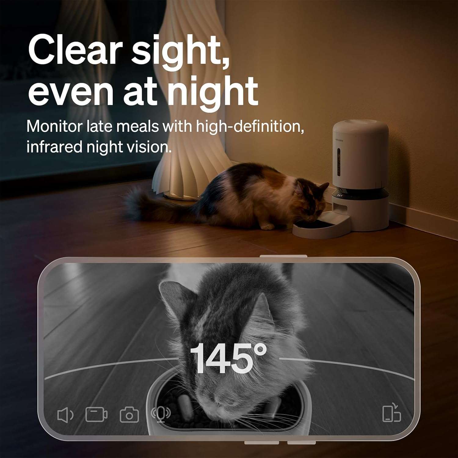 Comedero inteligente para gatos con camara HD 1080P plato de alimentacion lenta de acero inoxidable y capacidad de 2 kg color blanco.