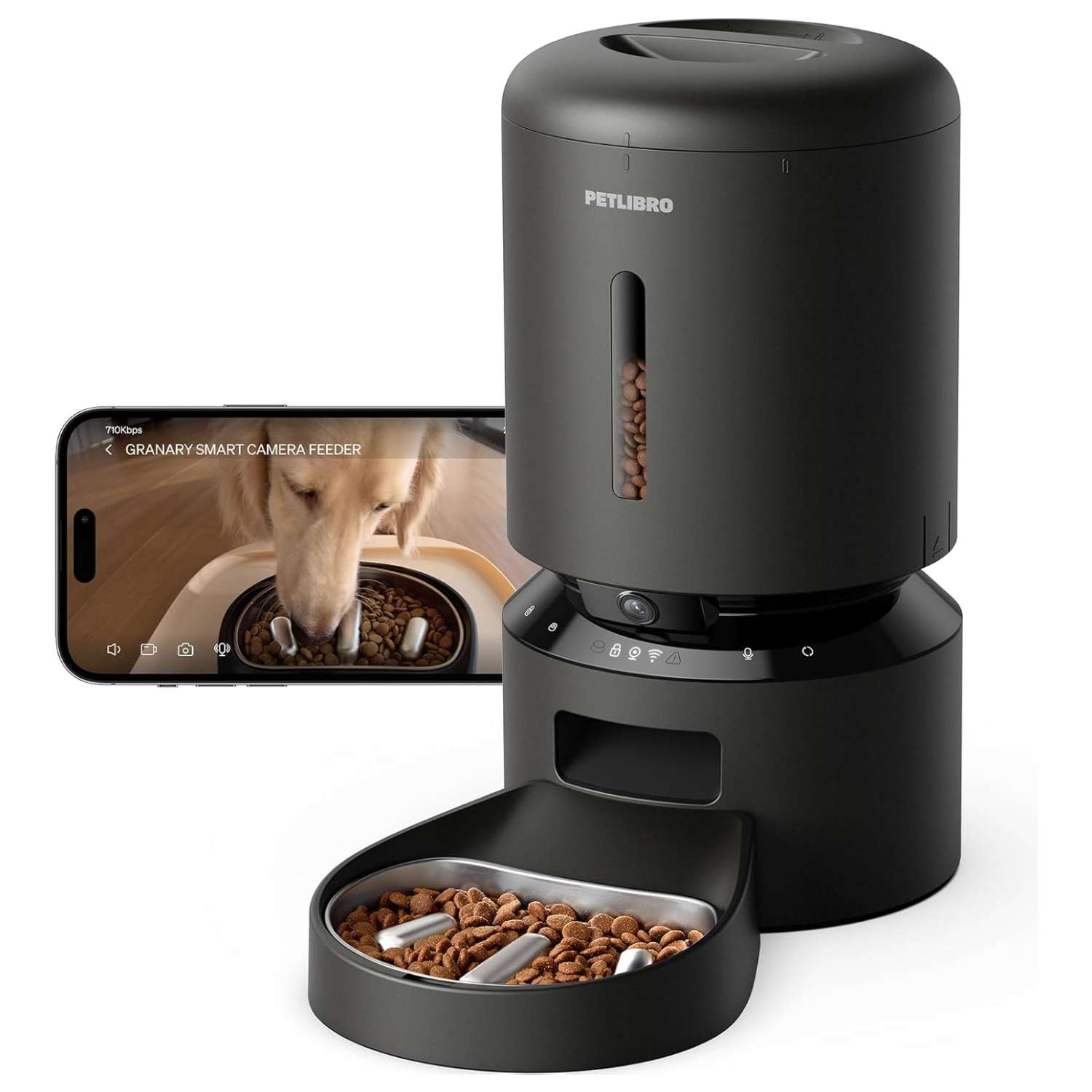 Comedero inteligente para gatos con camara HD 1080P plato de alimentacion lenta de acero inoxidable y capacidad de 2 kg color blanco.