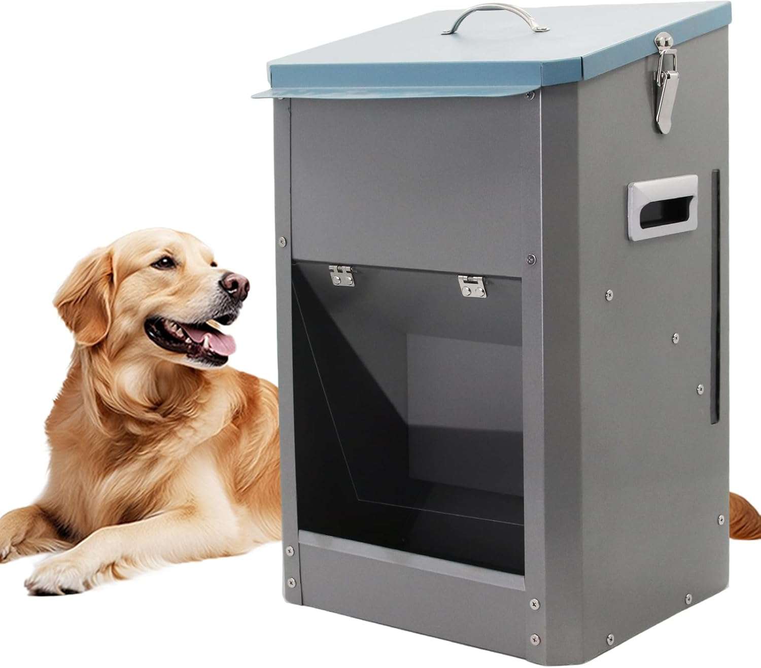 Comedero automatico por gravedad de acero galvanizado para perros grandes con puerta transparente y capacidad 11kg.