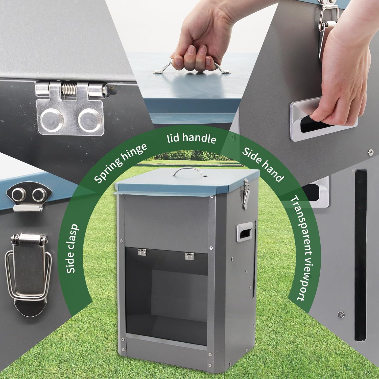 Comedero automatico por gravedad de acero galvanizado para perros grandes con puerta transparente y capacidad 11kg.