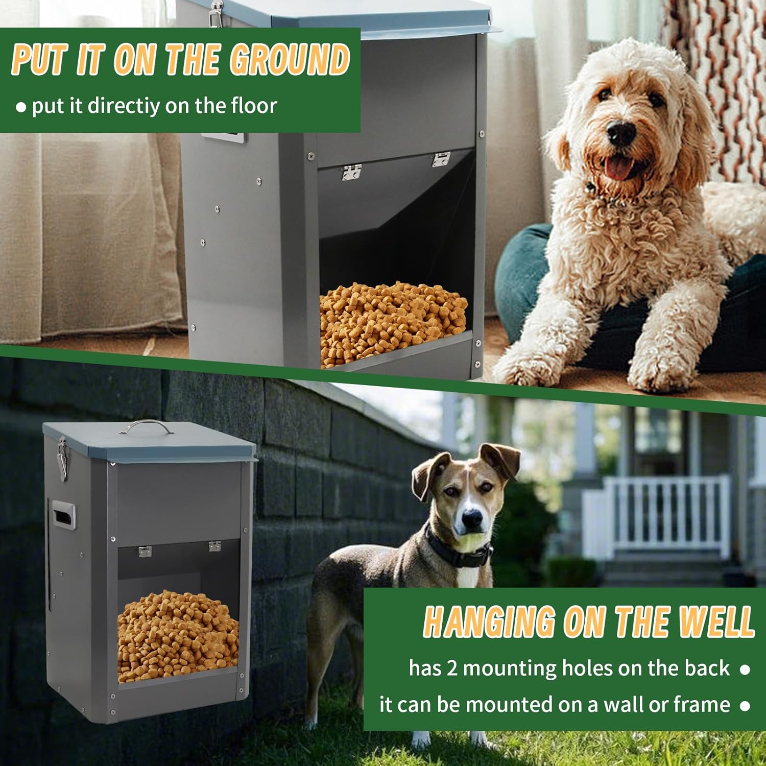 Comedero automatico por gravedad de acero galvanizado para perros grandes con puerta transparente y capacidad 11kg.