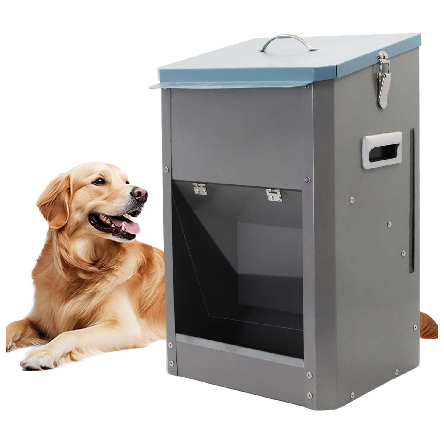 Comedero automatico por gravedad de acero galvanizado para perros grandes con puerta transparente y capacidad 11kg.