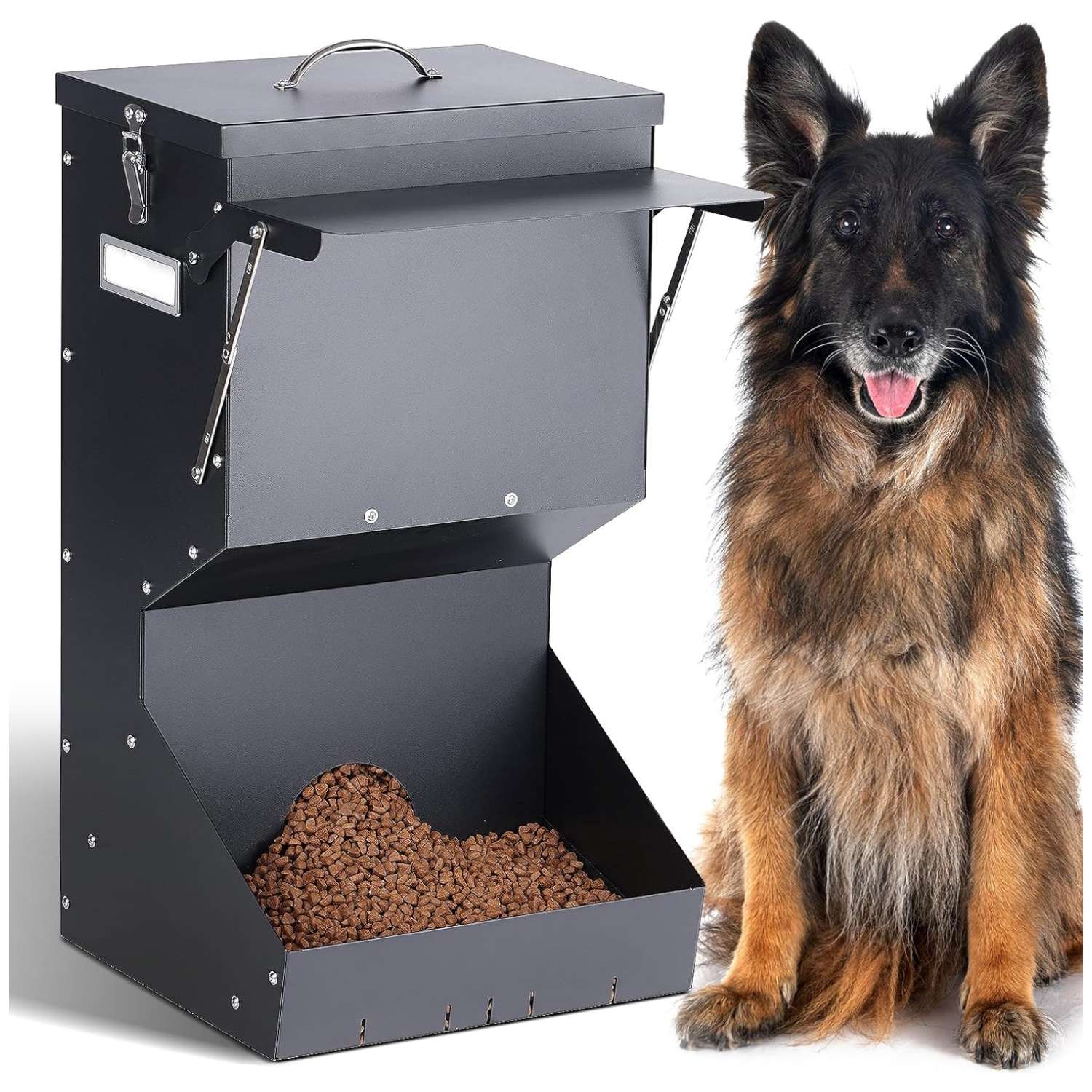 Comedero automatico de metal para perros de raza grande con capacidad de 11 kg instalado en un muro exterior.