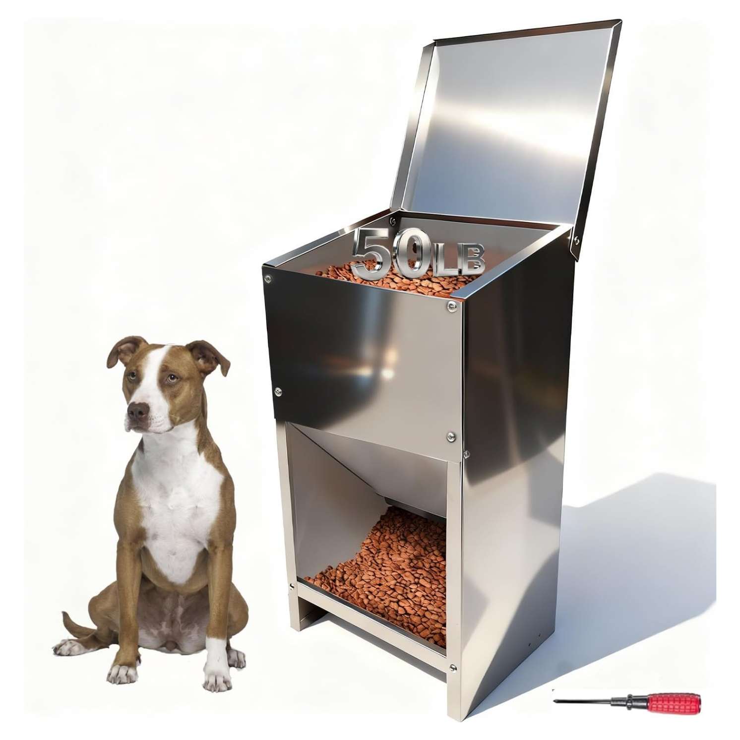 Comedero de acero inoxidable por gravedad para perros grandes y parcelas disponible en 11 kg y 23 kg con puerta magnetica antiplagas