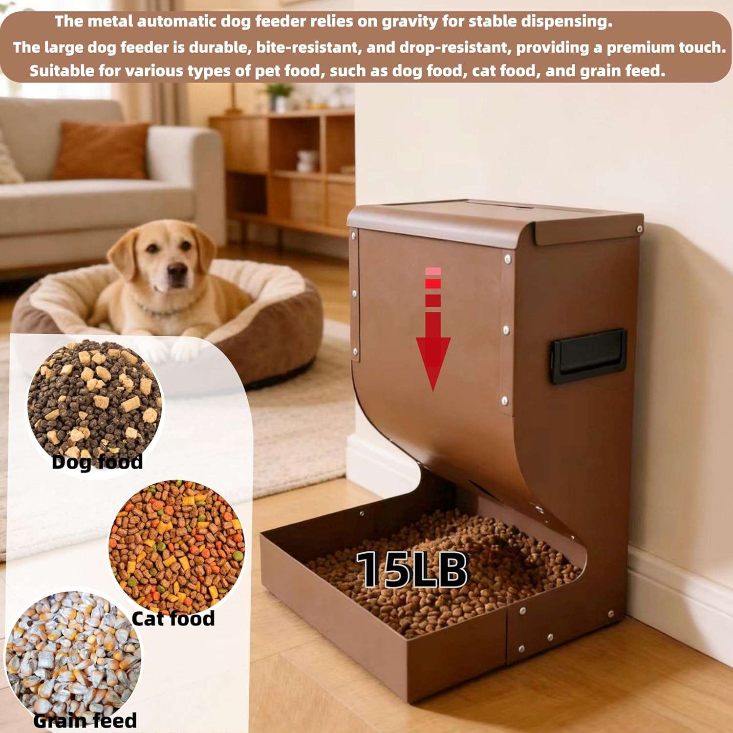 Comedero metalico por gravedad para perros grandes capacidad 7 kg de acero galvanizado para exterior medidas 30x17x40 cm.