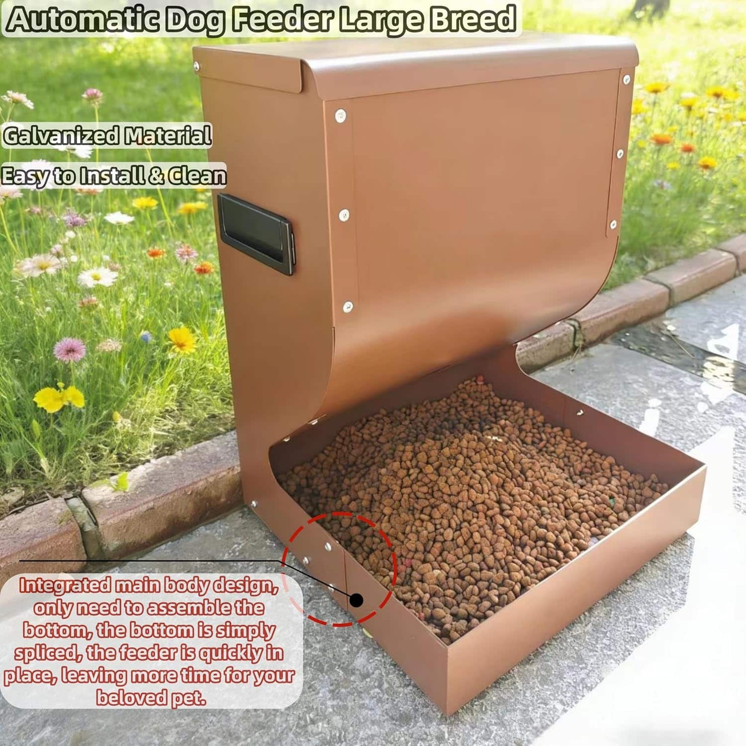 Comedero metalico por gravedad para perros grandes capacidad 7 kg de acero galvanizado para exterior medidas 30x17x40 cm.