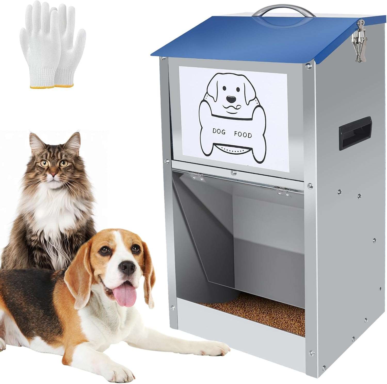 Comedero automatico por gravedad para perros grandes en acero galvanizado capacidad 11 kg y 22 kg con puerta transparente.