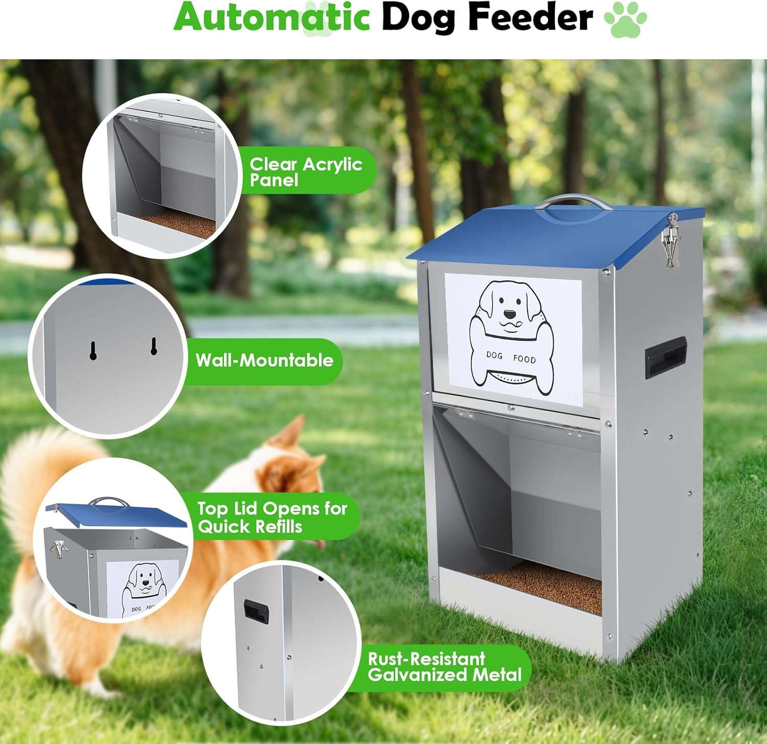 Comedero automatico por gravedad para perros grandes en acero galvanizado capacidad 11 kg y 22 kg con puerta transparente.