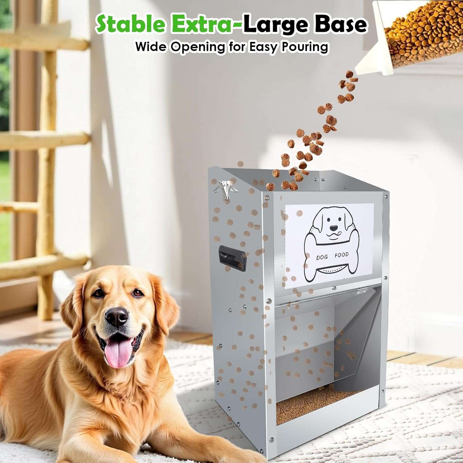 Comedero automatico por gravedad para perros grandes en acero galvanizado capacidad 11 kg y 22 kg con puerta transparente.