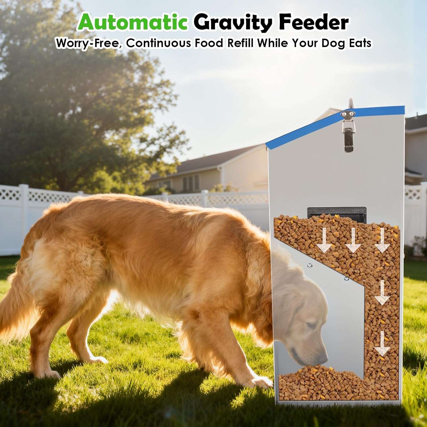 Comedero automatico por gravedad para perros grandes en acero galvanizado capacidad 11 kg y 22 kg con puerta transparente.