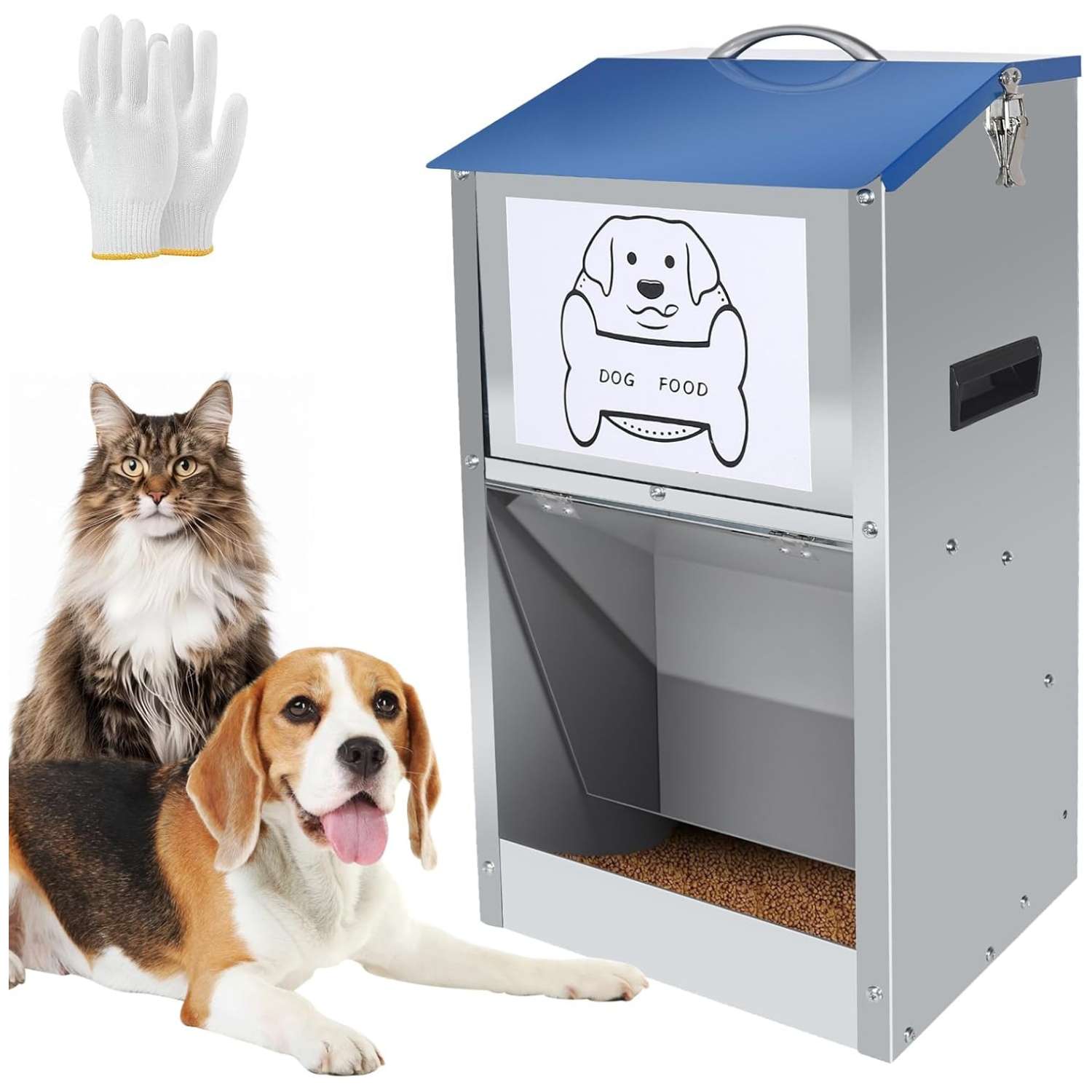 Comedero automatico por gravedad para perros grandes en acero galvanizado capacidad 11 kg y 22 kg con puerta transparente.
