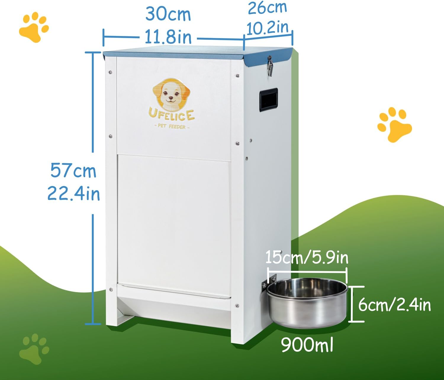 Comedero para perros grandes de acero galvanizado capacidad 11 kilos con sistema de gravedad y cierre magnetico.