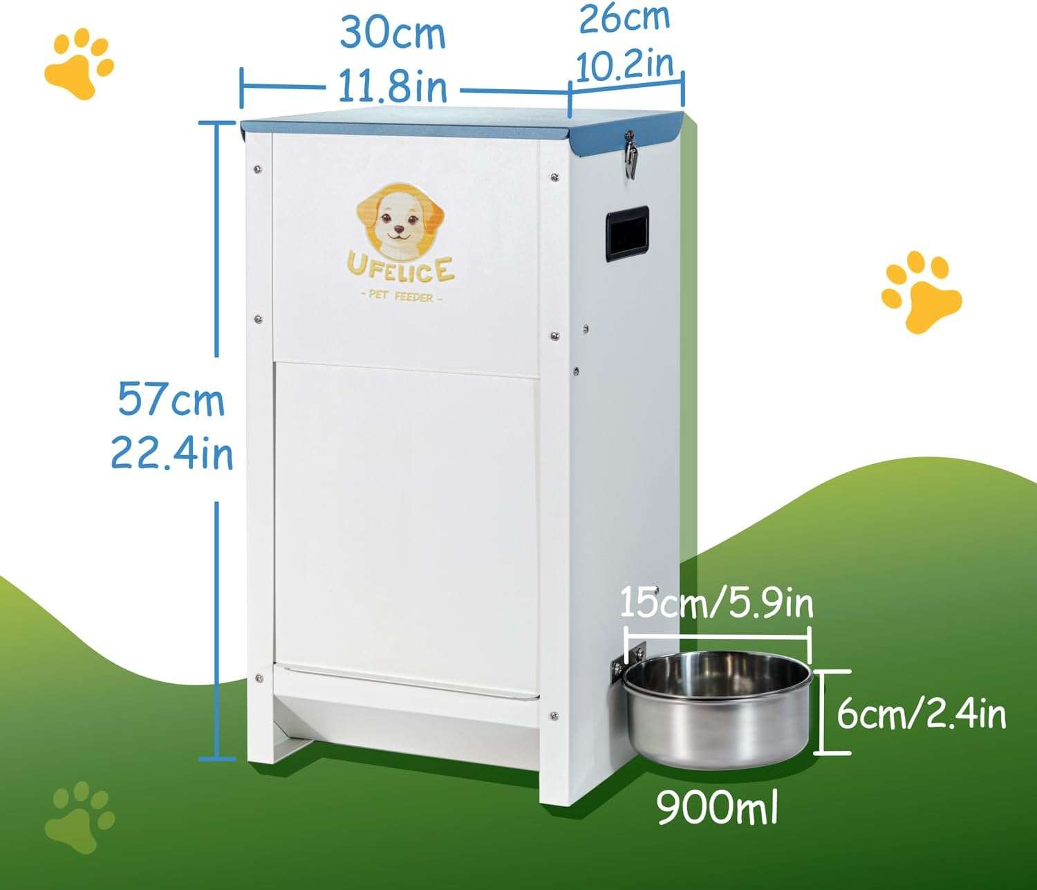 Comedero para perros grandes de acero galvanizado capacidad 11 kilos con sistema de gravedad y cierre magnetico.