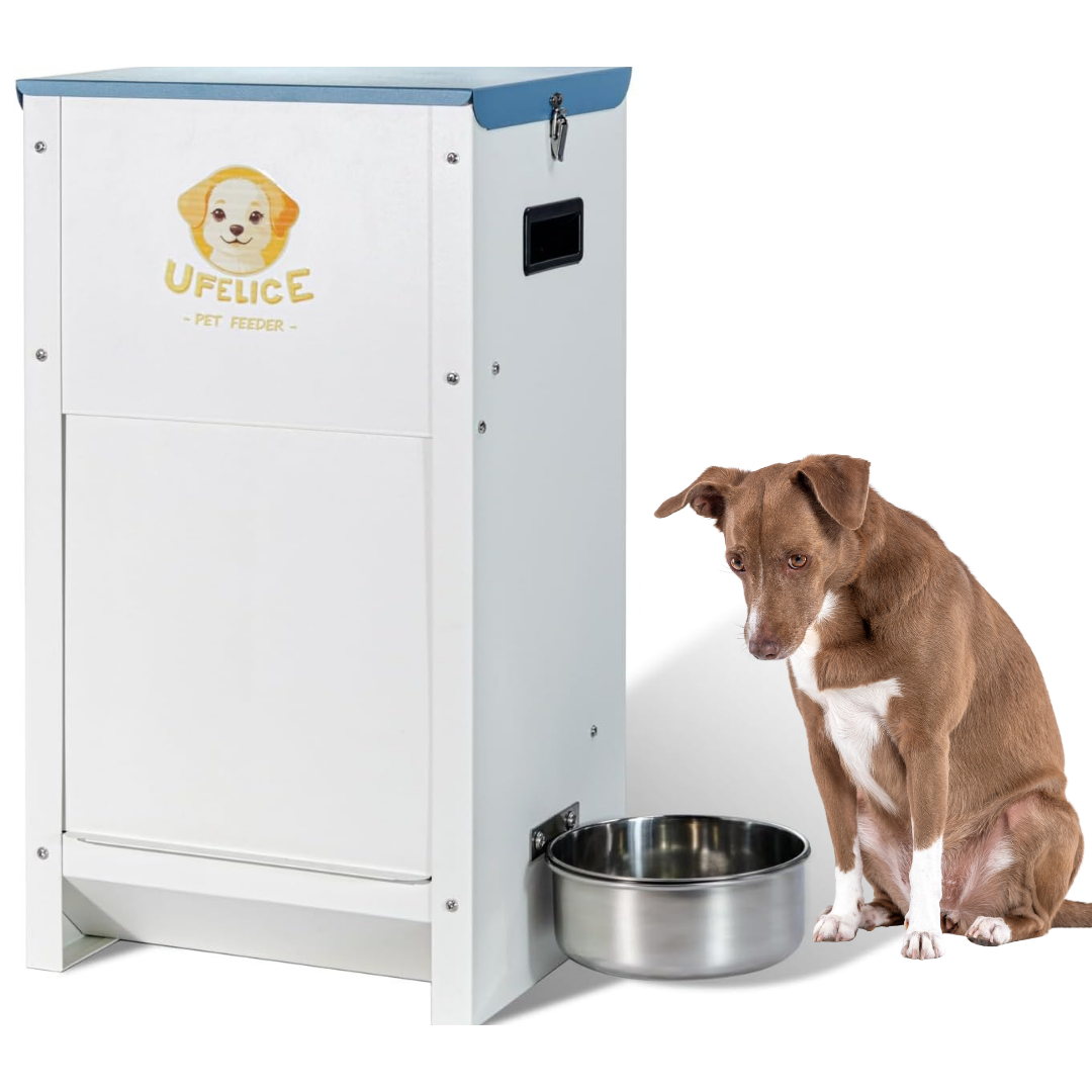 Comedero para perros grandes de acero galvanizado capacidad 11 kilos con sistema de gravedad y cierre magnetico.