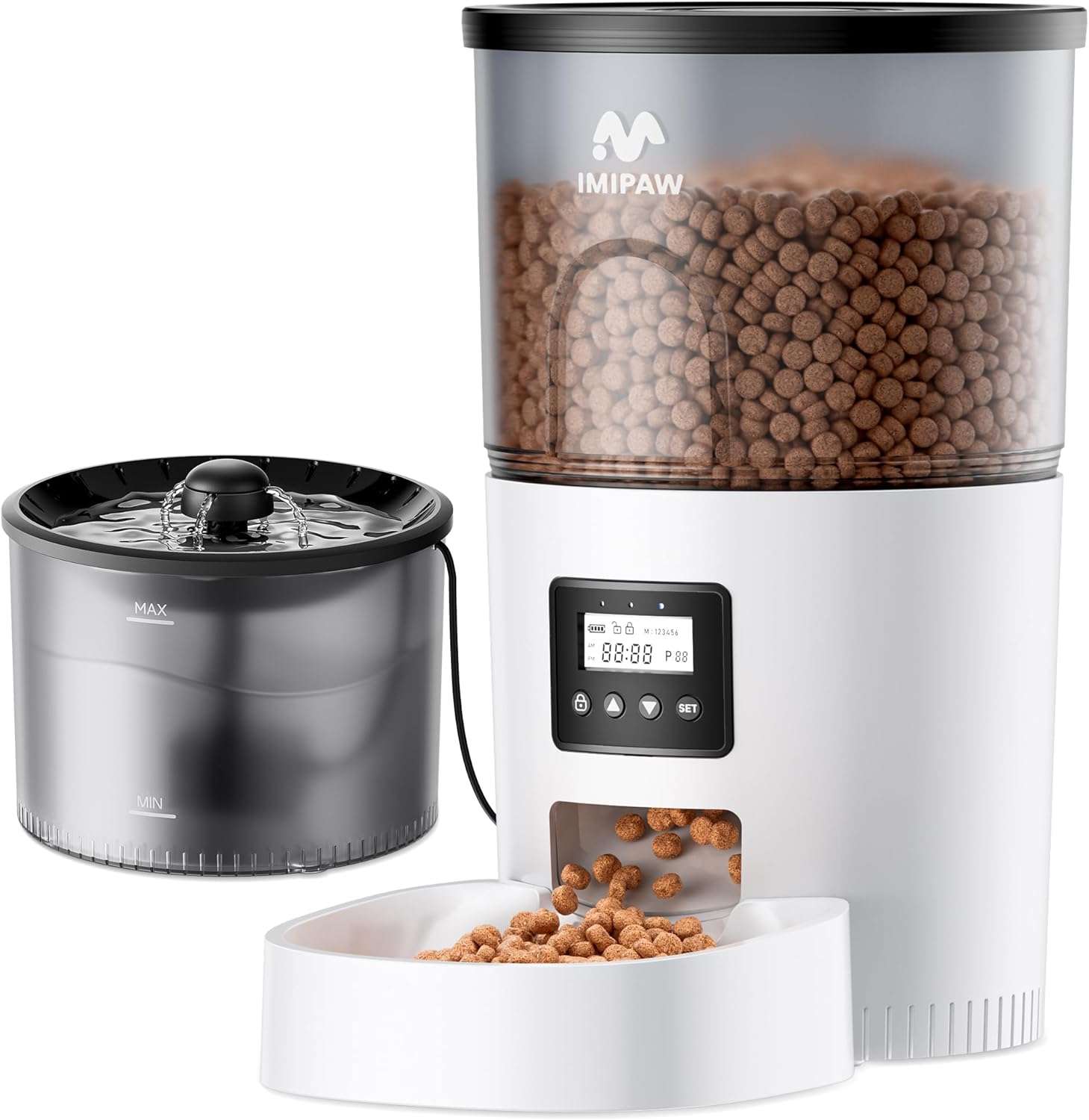 Kit de 1.3 kg y 3 litros con WiFi. Permite programar raciones exactas, incluye filtracion de agua avanzada, respaldo de bateria y control total desde el celular para tu mascota.